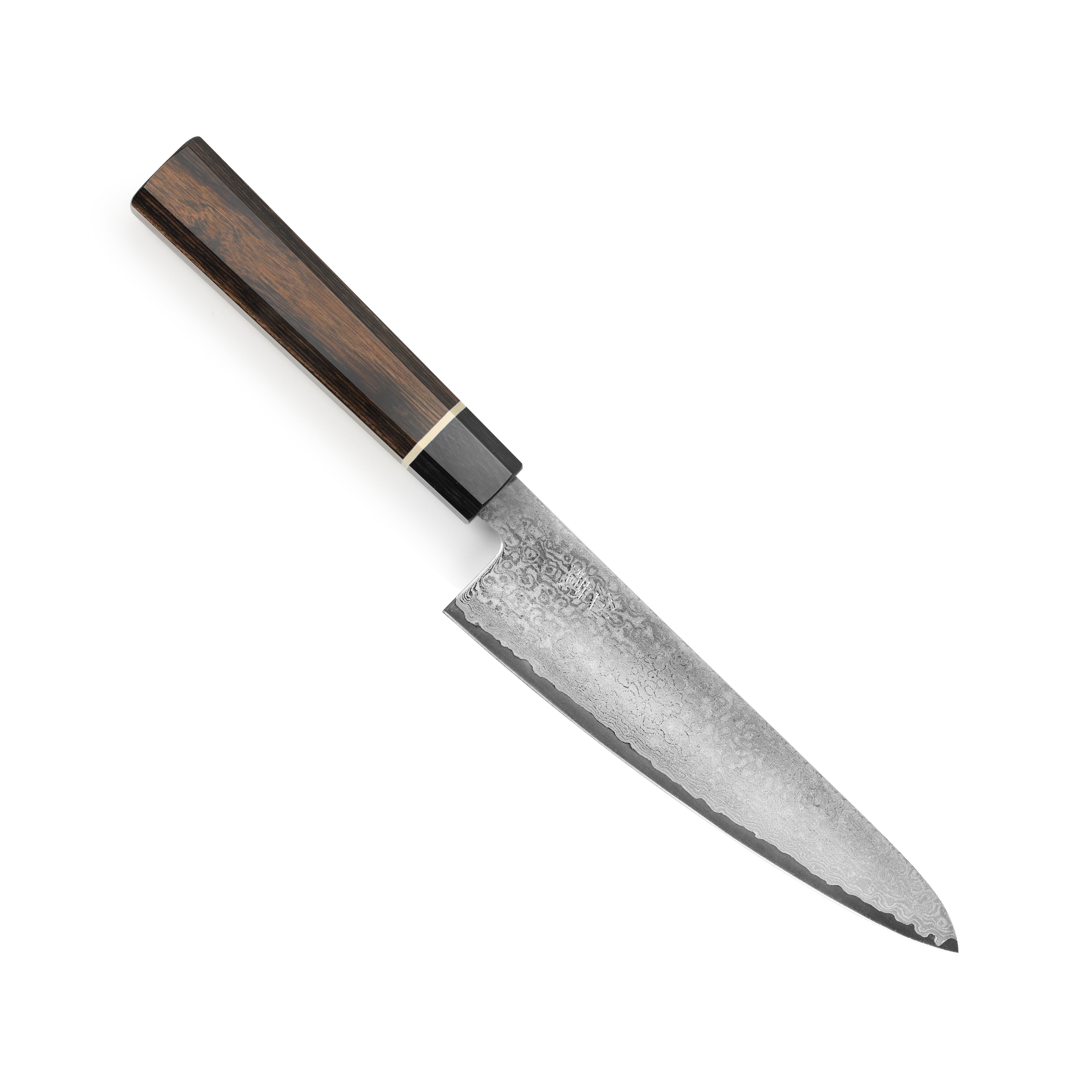 Senzu Black Damascus prep knife showing detailed layered blade with dark Damascus pattern