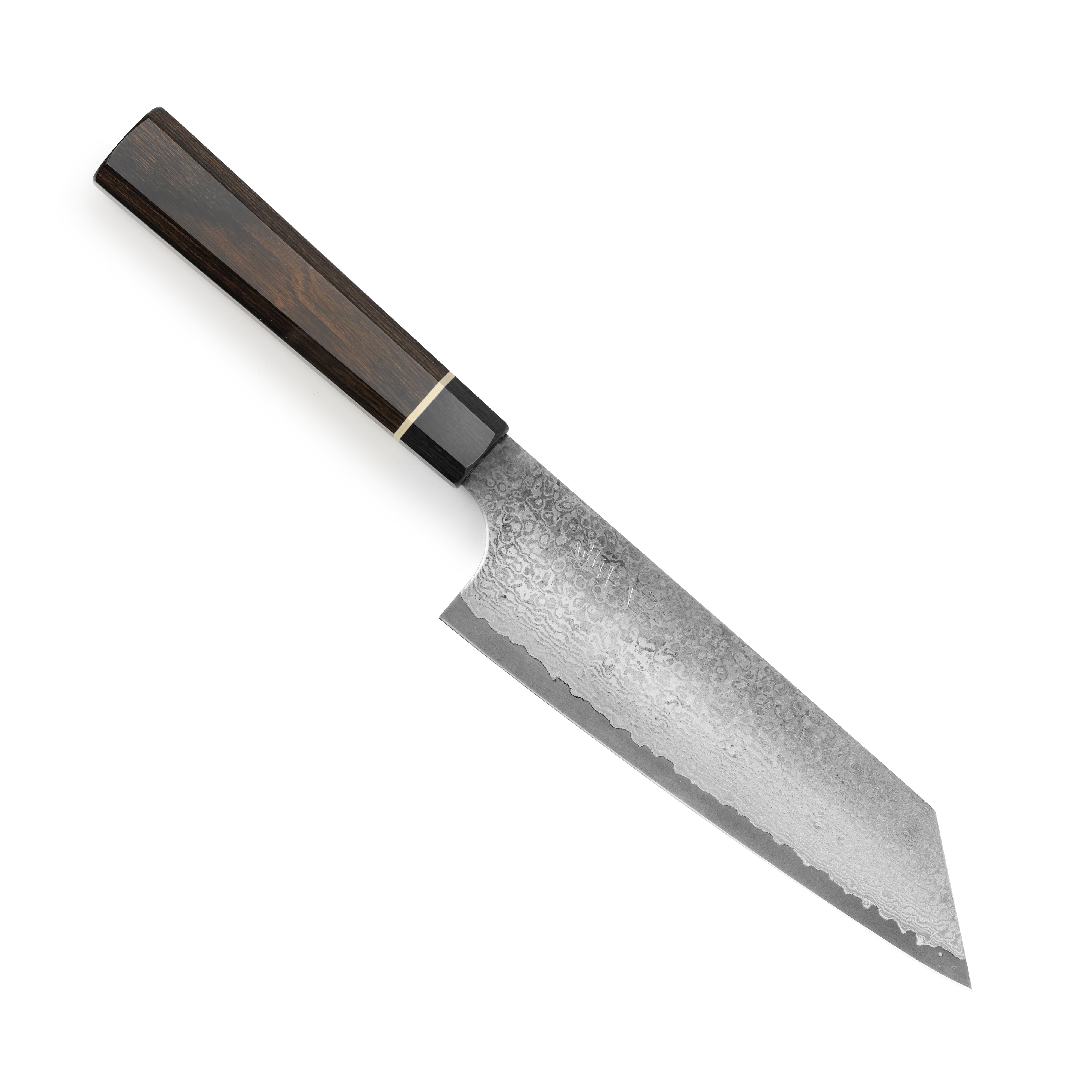 Close-up of VG10 Damascus steel blade showing dark layered wave pattern