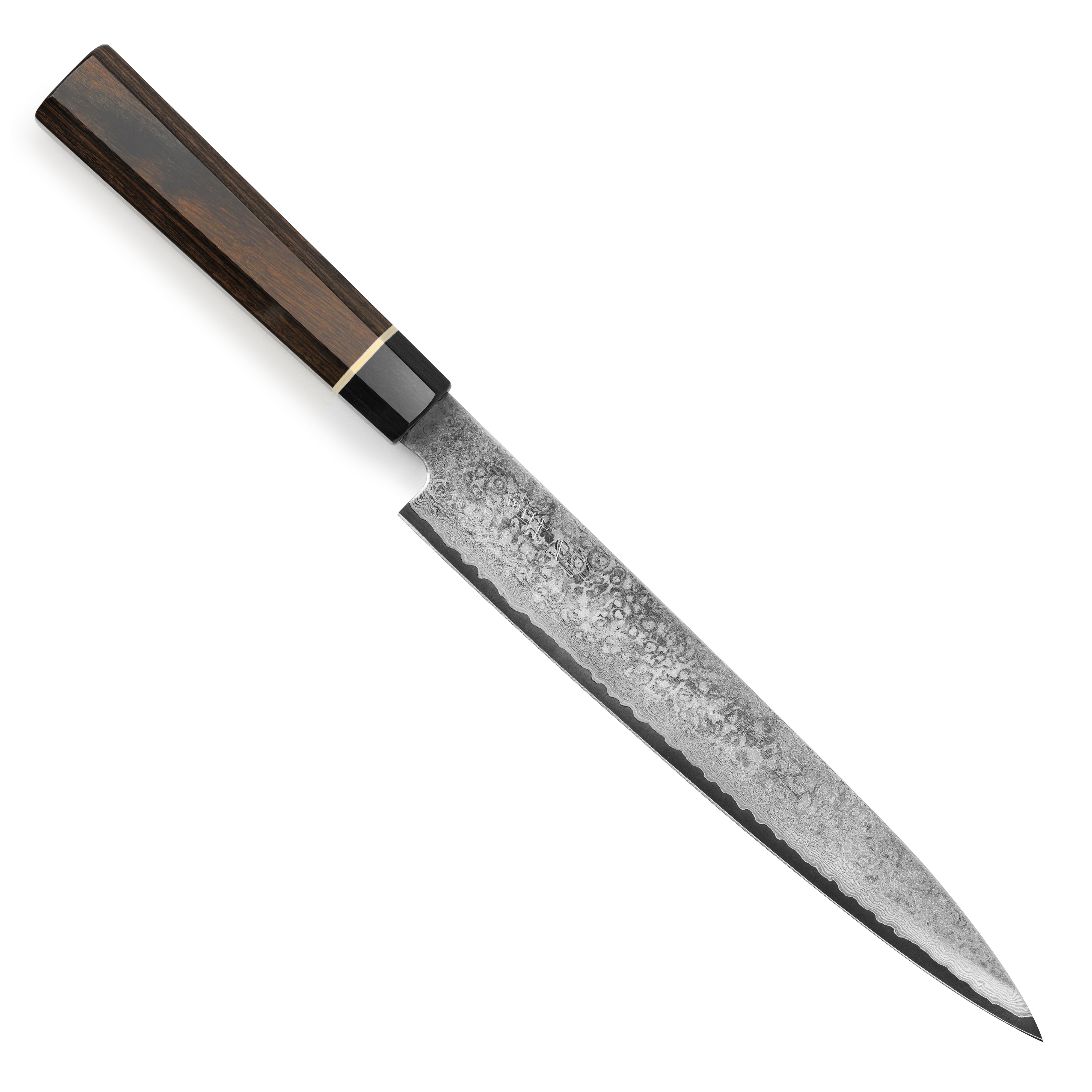 Close-up of the dark patterned Damascus blade with a Pakkawood handle