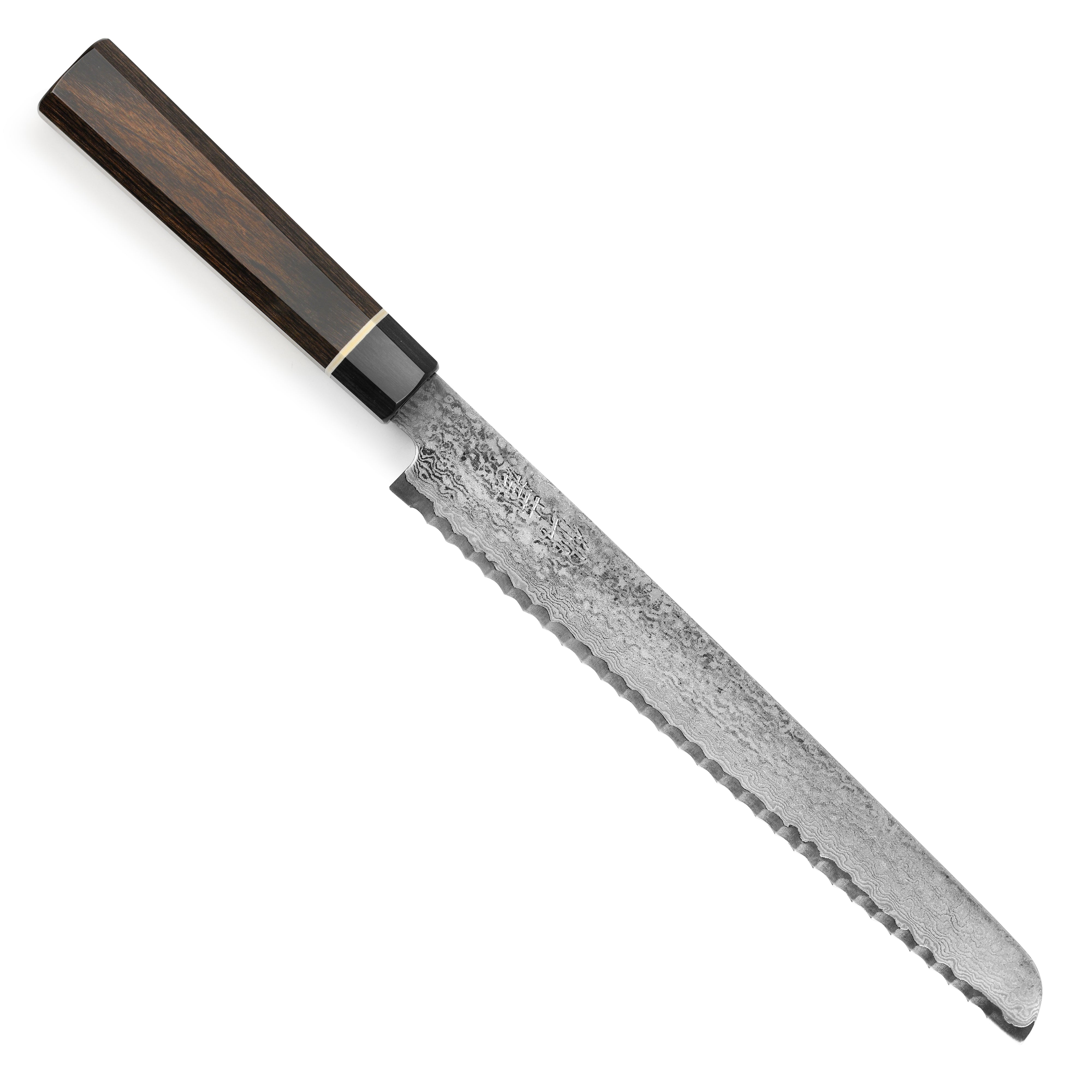 Senzo Black Damascus 8.5-inch bread knife with layered steel pattern and Pakkawood handle, ideal for home use