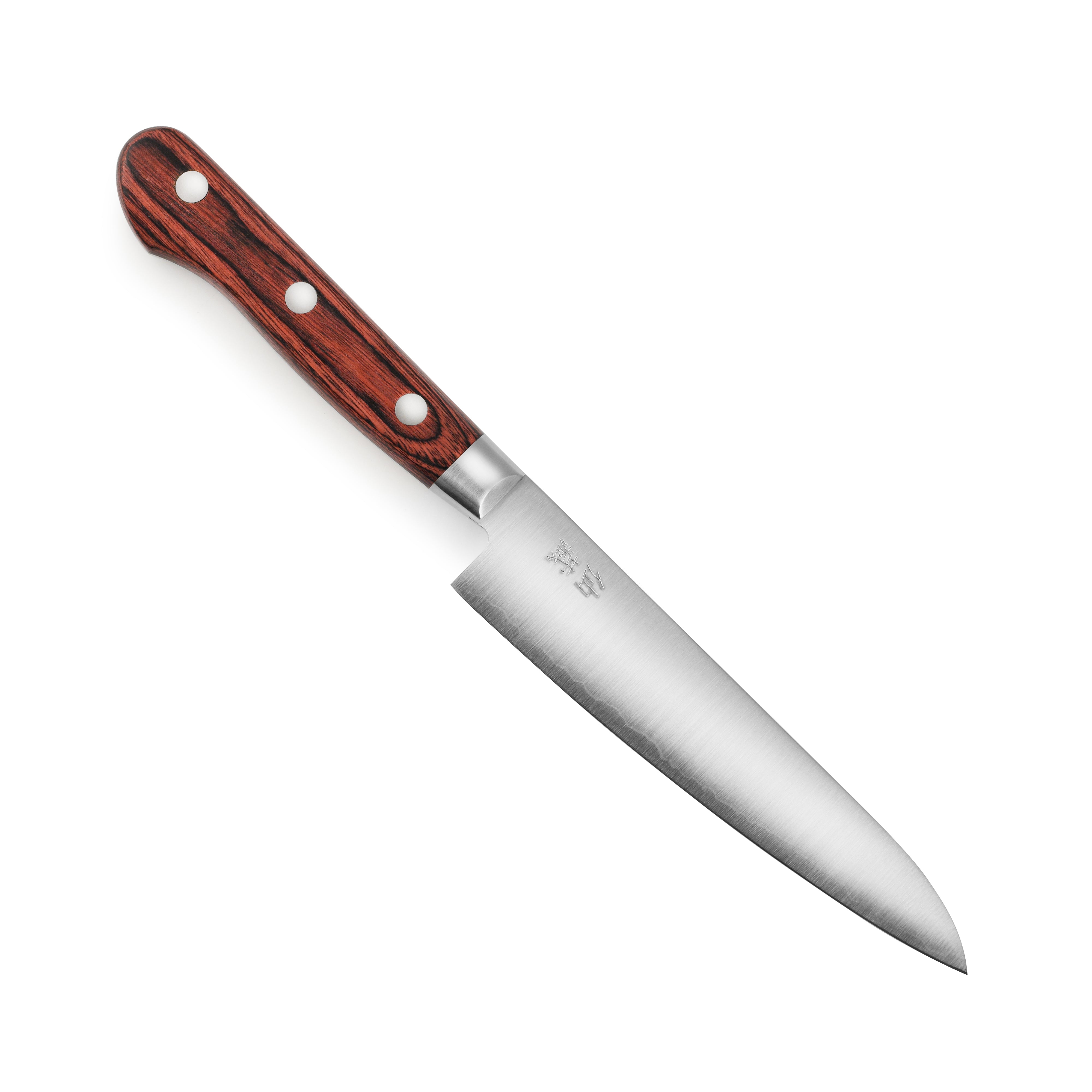 Senzo Clad AUS10 utility knife showcasing its sleek blade and Pakkawood handle.