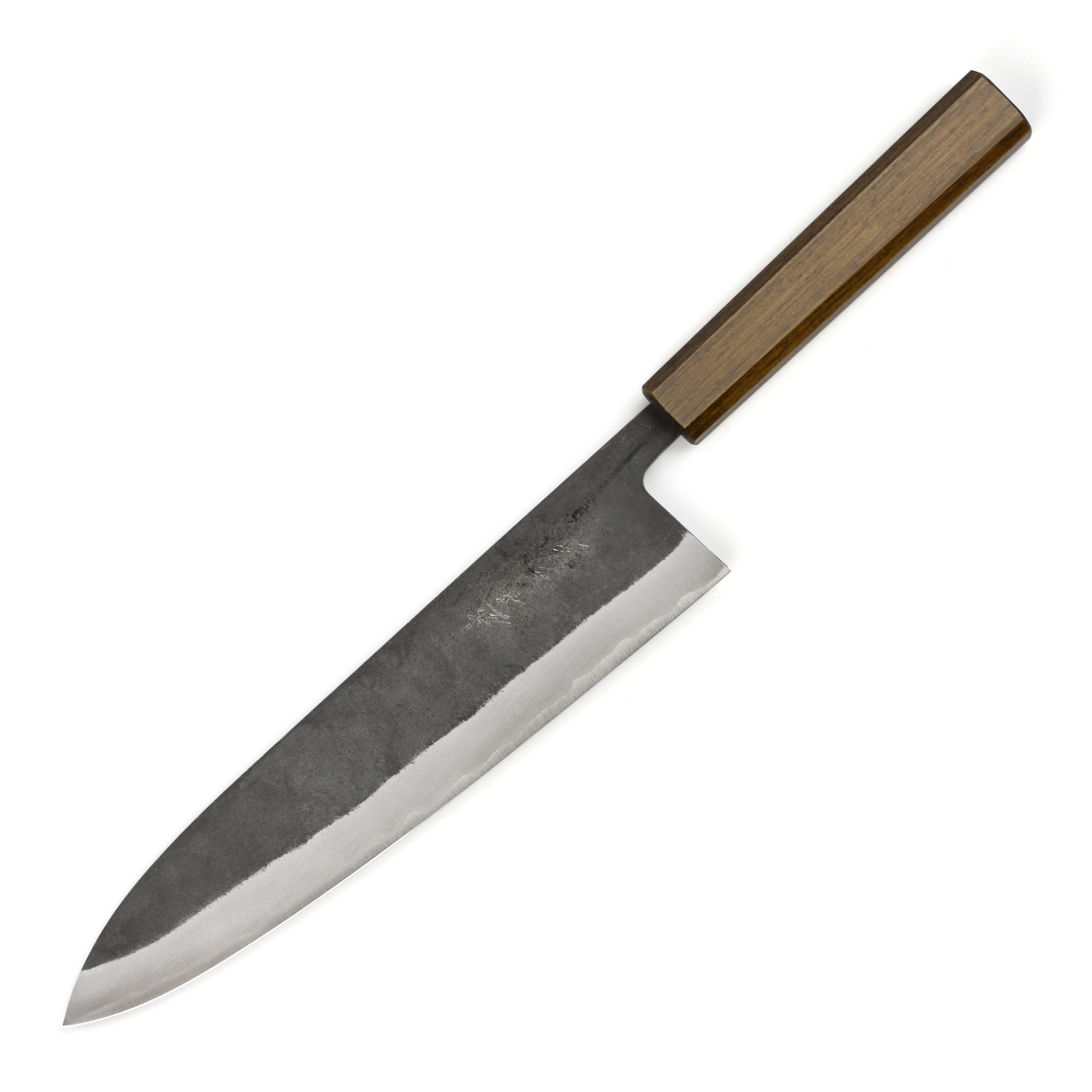 Close-up of the Shiro Kamo Aogami Gyutos handle and blade, highlighting the craftsmanship.