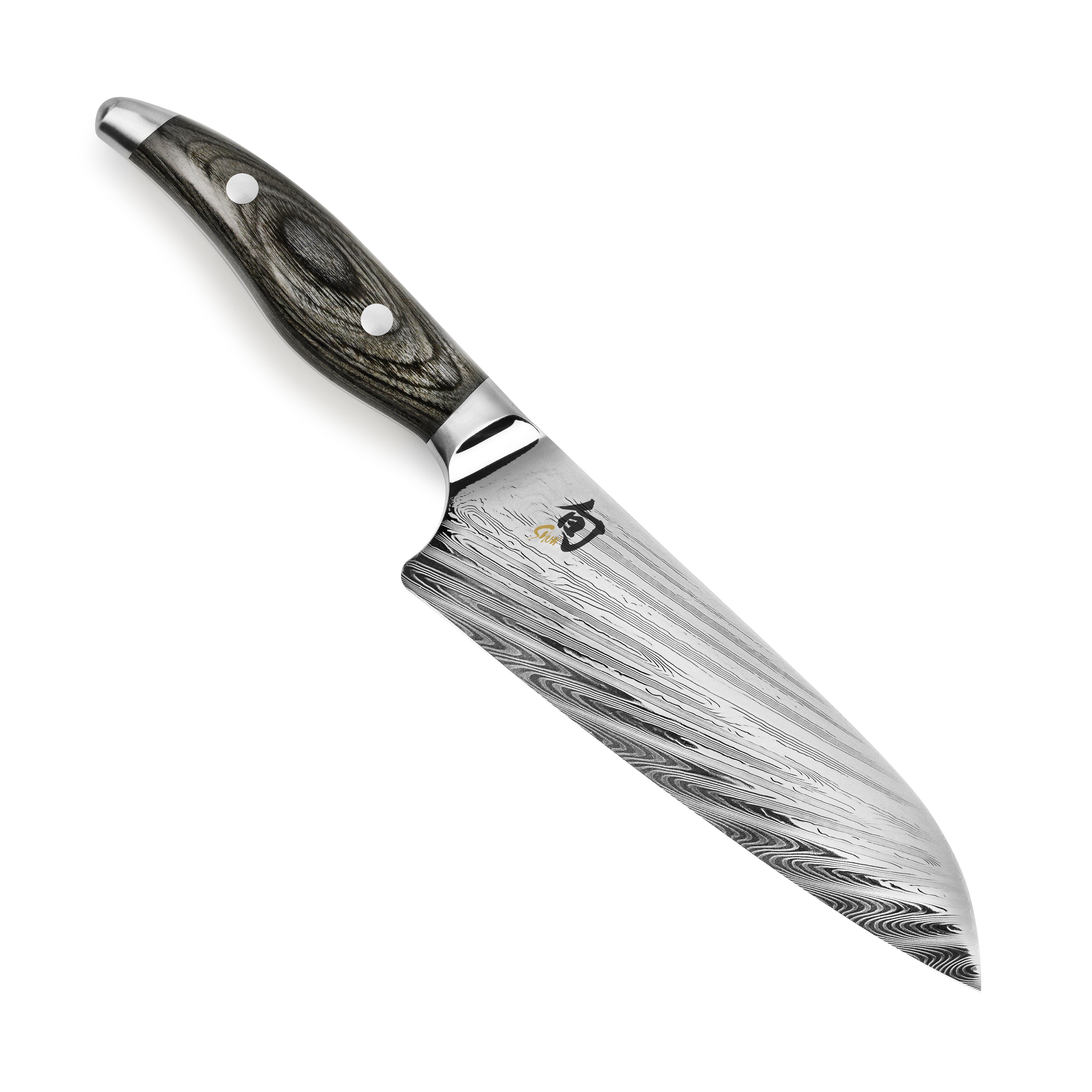 Shun Nagare 7-inch Damascus Santoku Knife with layered steel pattern and wooden handle