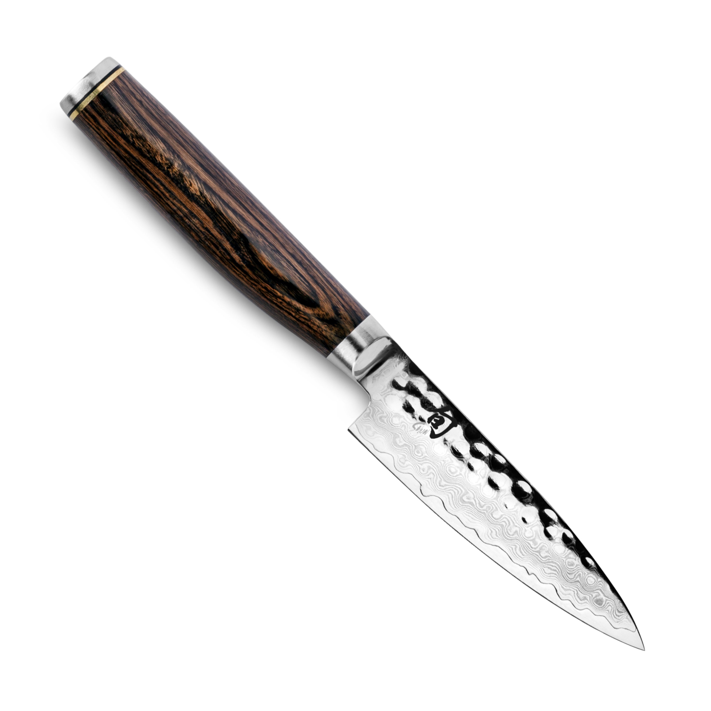 Close-up view of the Shun Premier paring knife, highlighting the Damascus steel and blade finish.
