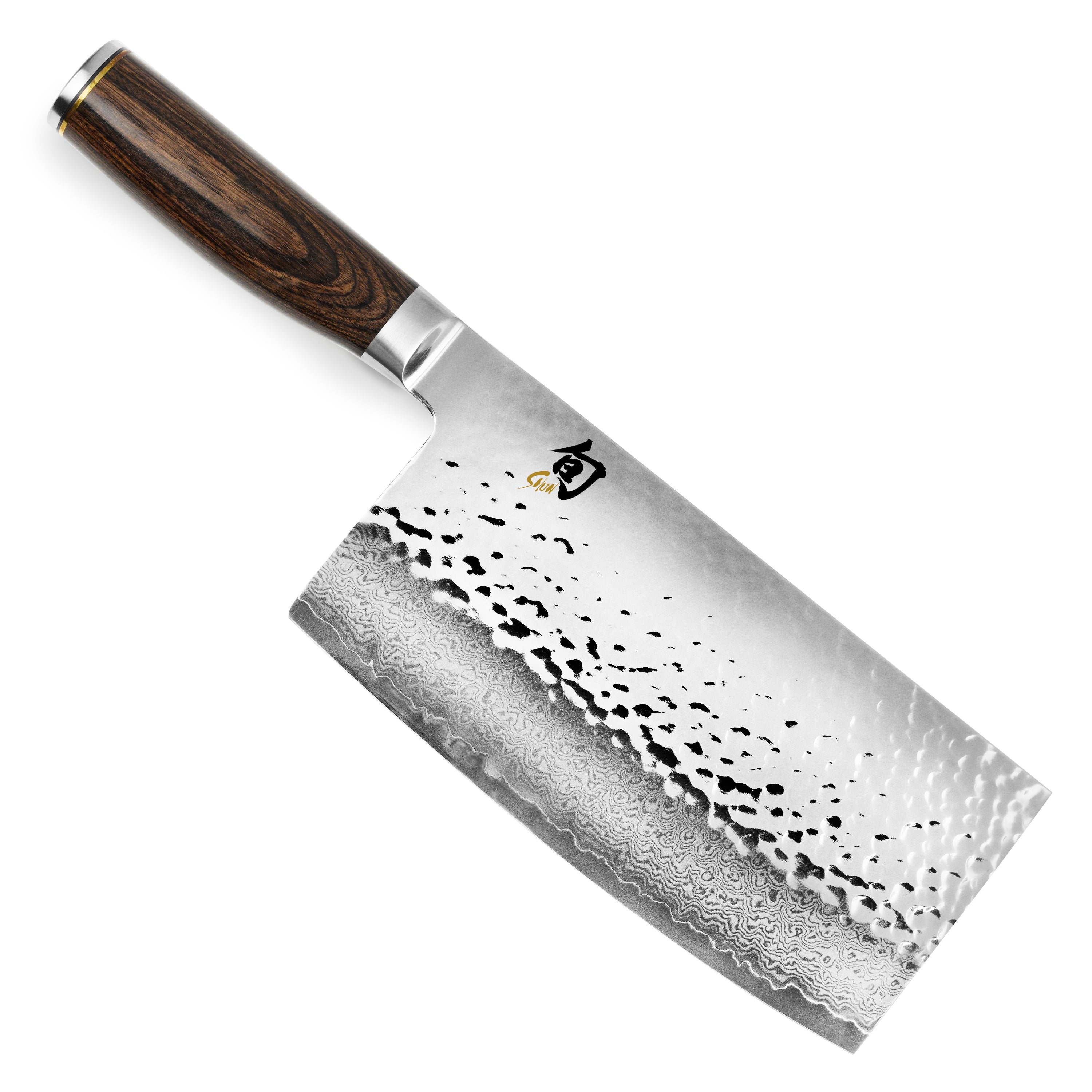 Close-up of Shun Premier 7 inch cleaver blade showing Damascus steel layers
