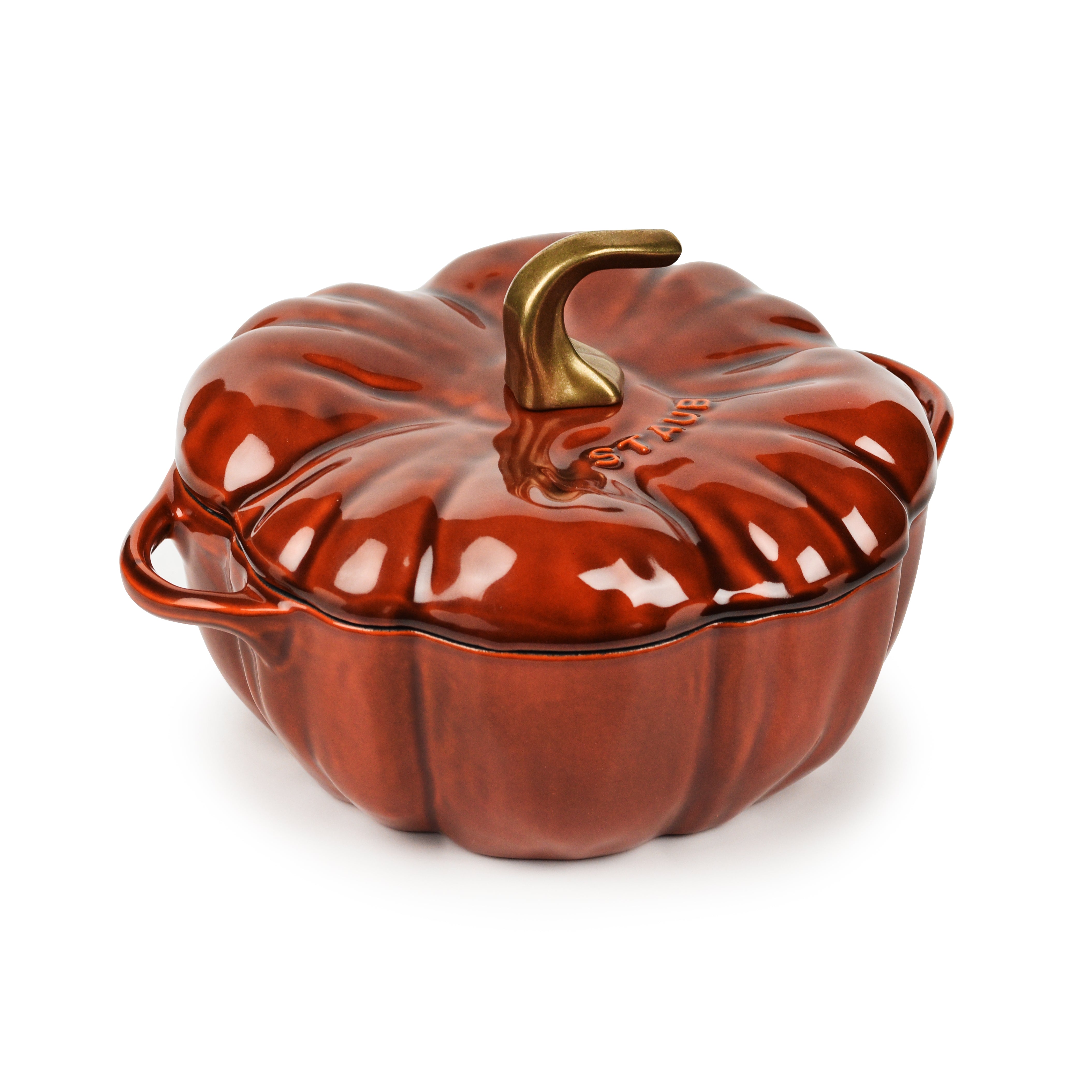 Top view of the burnt orange cast iron cocotte showcasing its unique pumpkin shape.