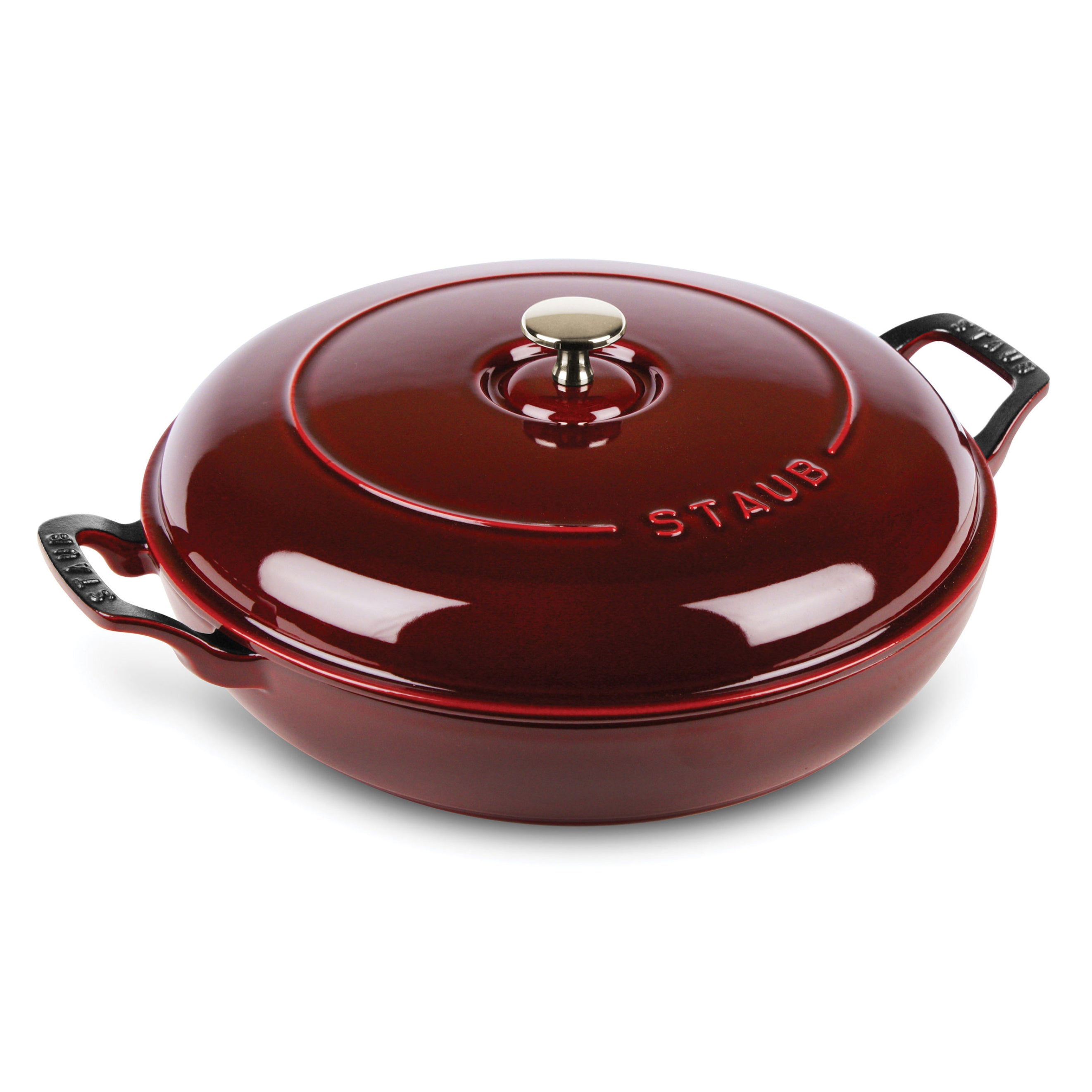 Staub 3.5-quart Grenadine braiser from the side, showcasing its vibrant color and design.