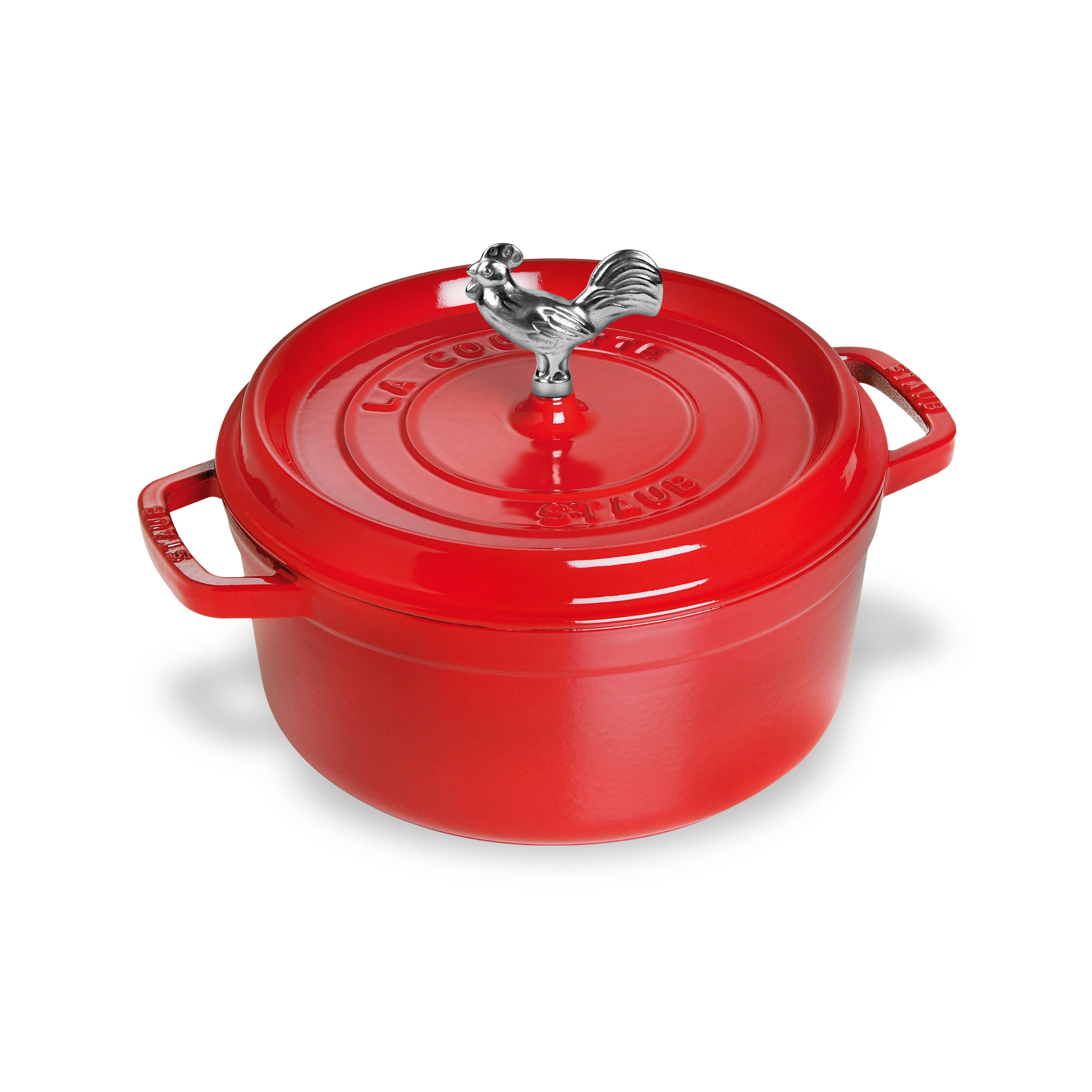 Le Gourmet cast iron Dutch oven with rooster knob and red enamel finish, top view