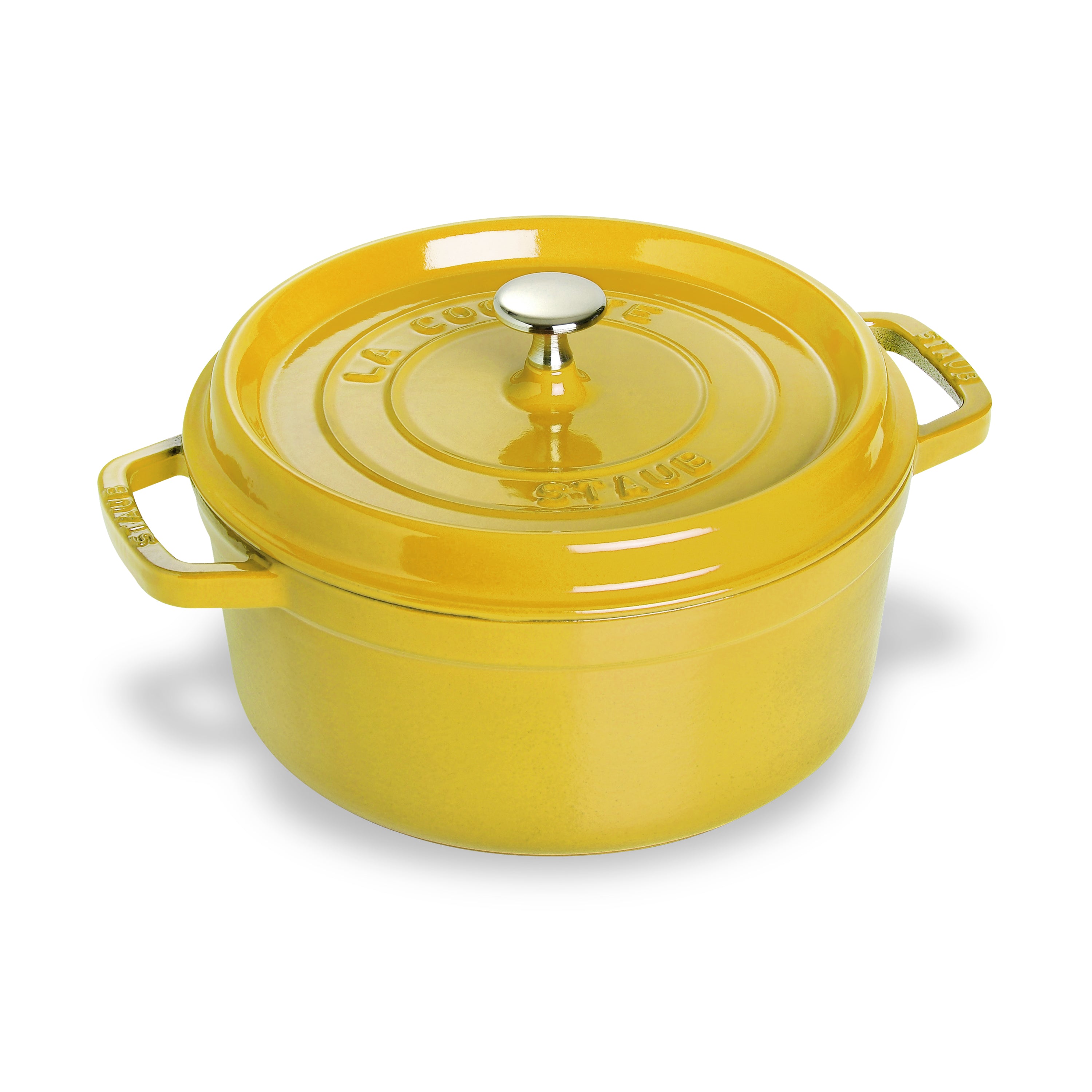 Le Creuset 5.5-quart Dutch oven with citron enamel finish, front view