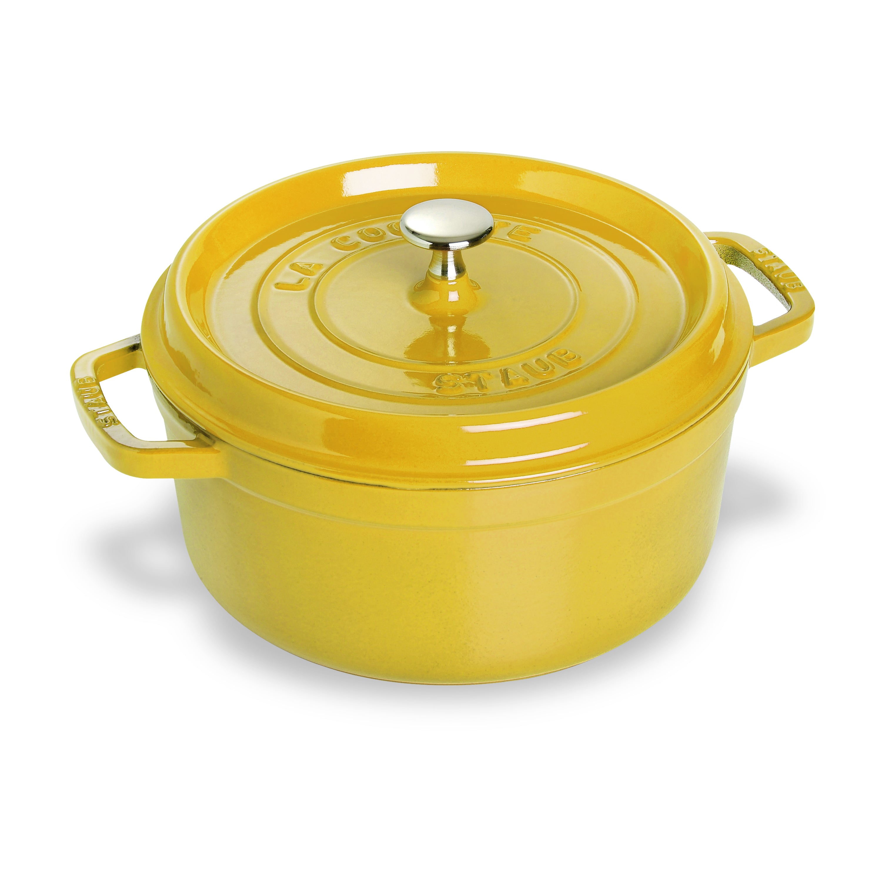 Aerial view of the Citron 7-quart Dutch oven on a wooden table, highlighting its vibrant color and design.