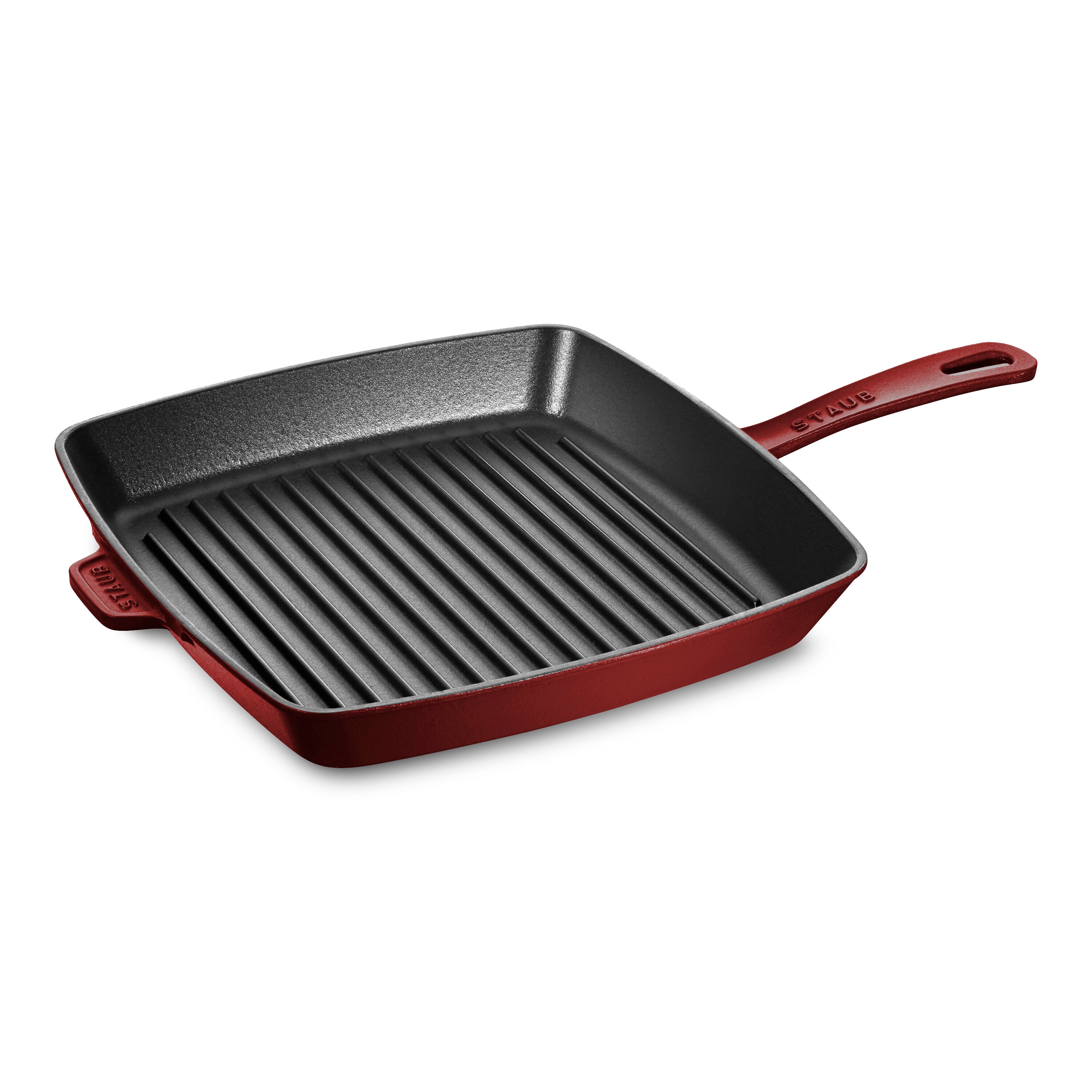 Grenadine square enameled cast iron grill pan showcasing grilling grooves and textured interior.