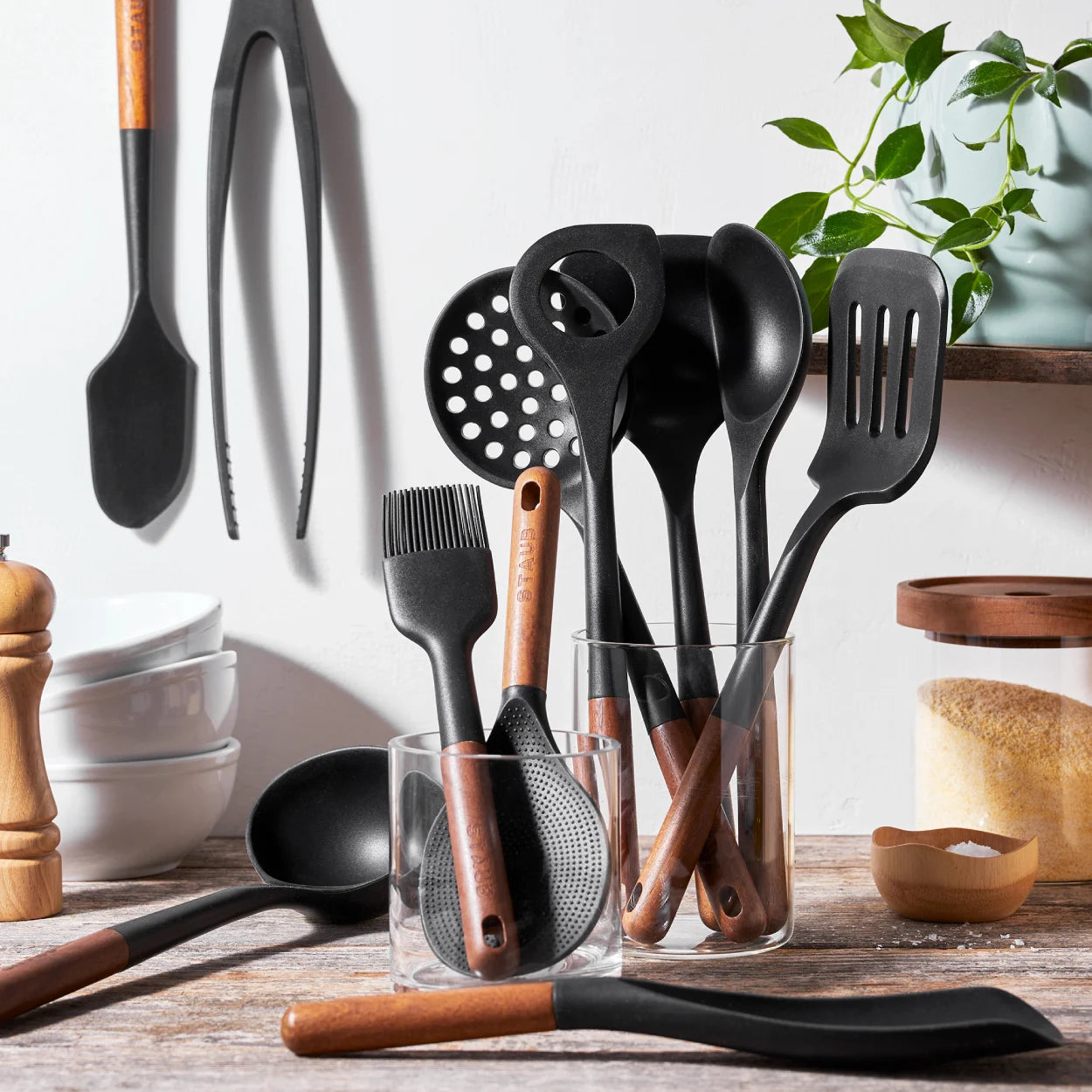Elegant arrangement of the silicone tool set, highlighting the ergonomic handles and kitchen compatibility.
