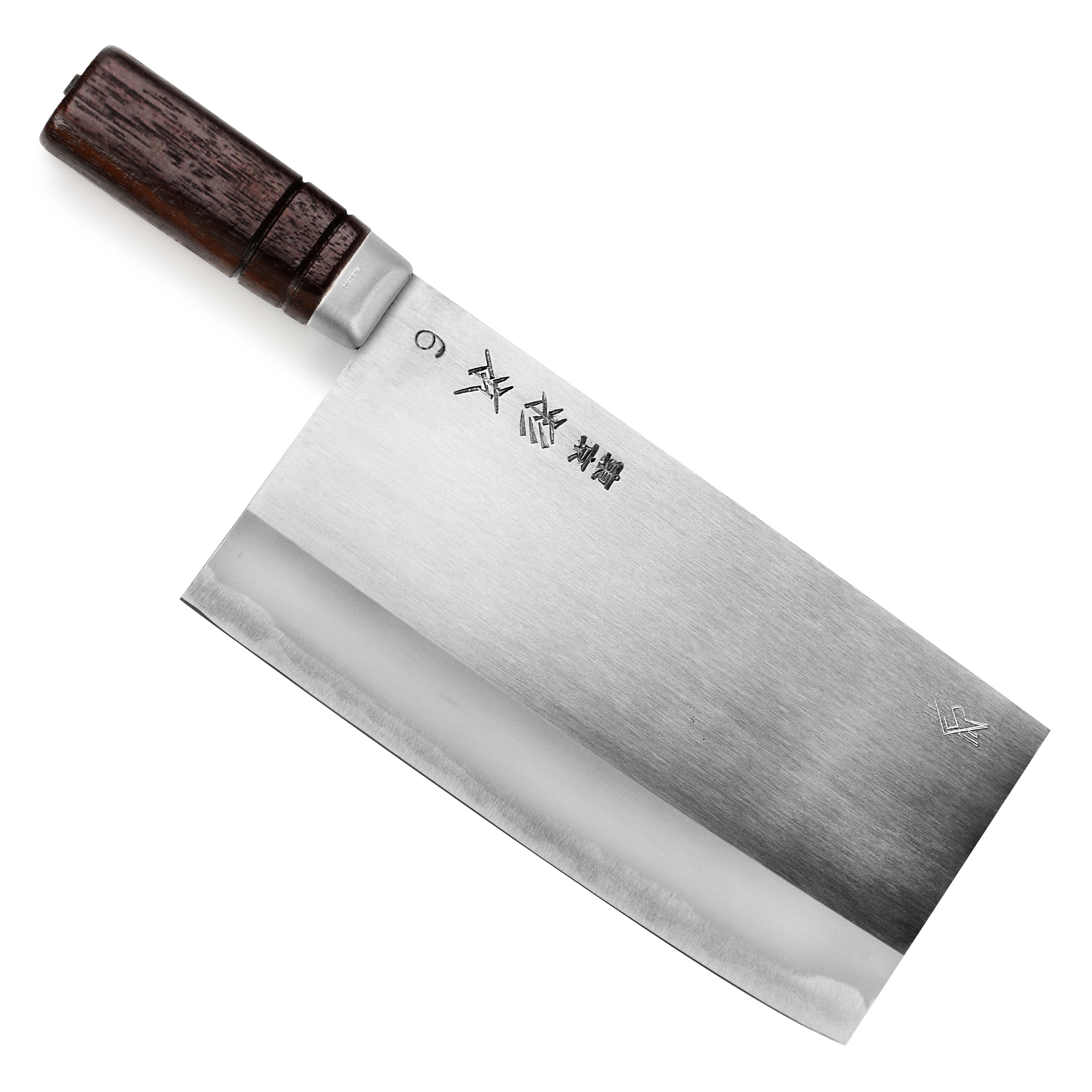 Close-up of Sugimoto OMS No. 6 carbon steel Chinese cleaver blade for slicing vegetables