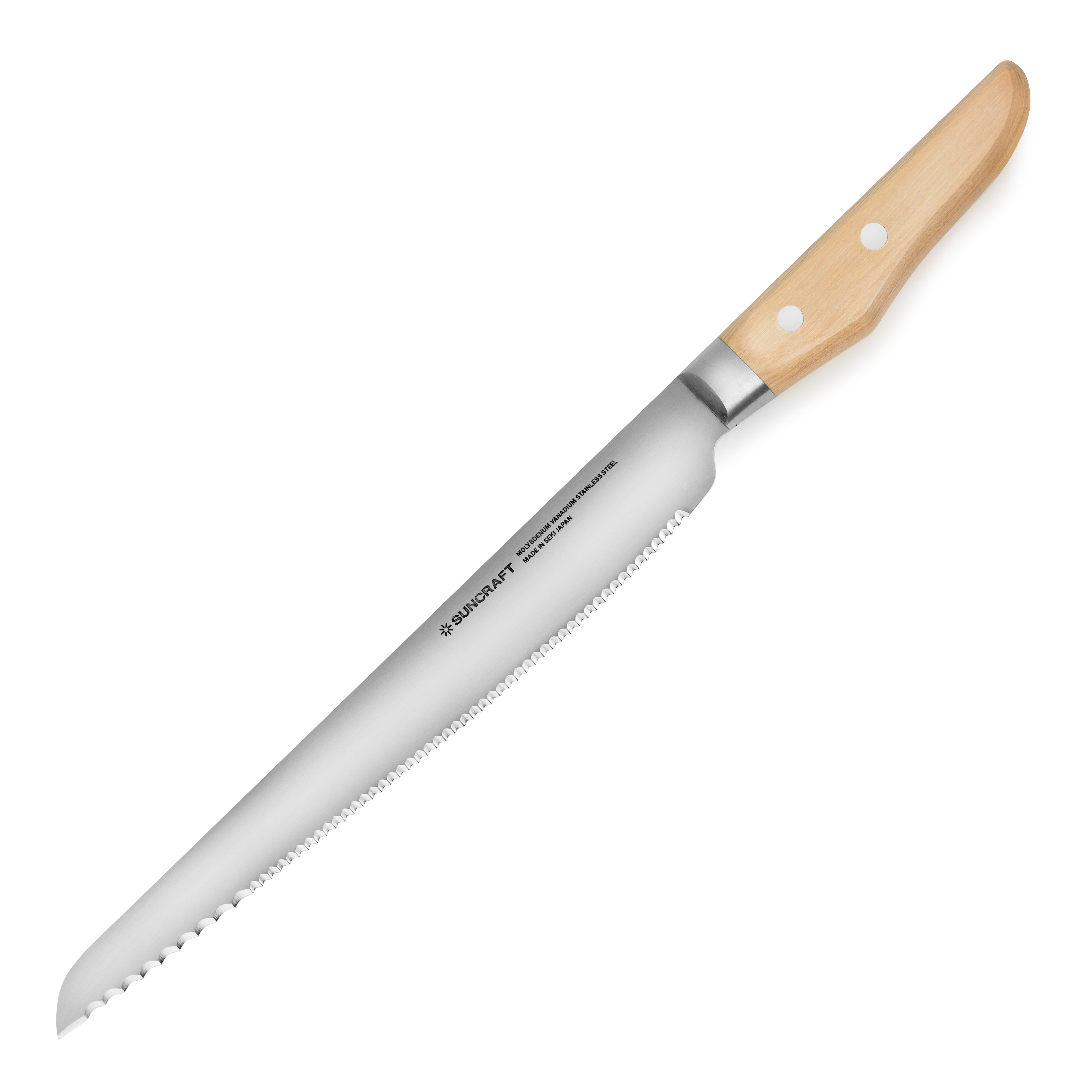 Suncraft Seseragi bread knife slicing through a crusty loaf effortlessly.