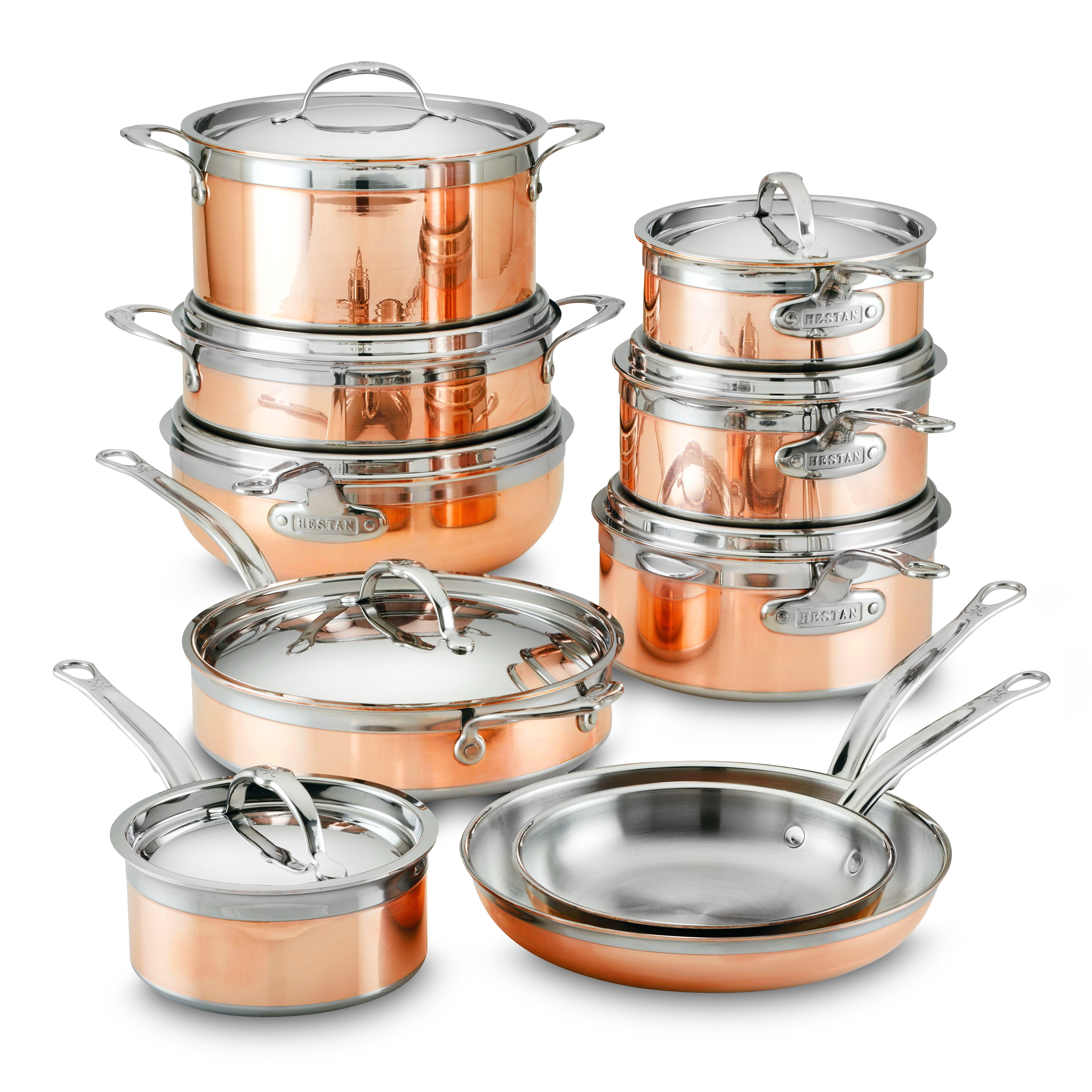 Hestan CopperBond cookware set showcasing the copper and stainless steel finish from an overhead angle.