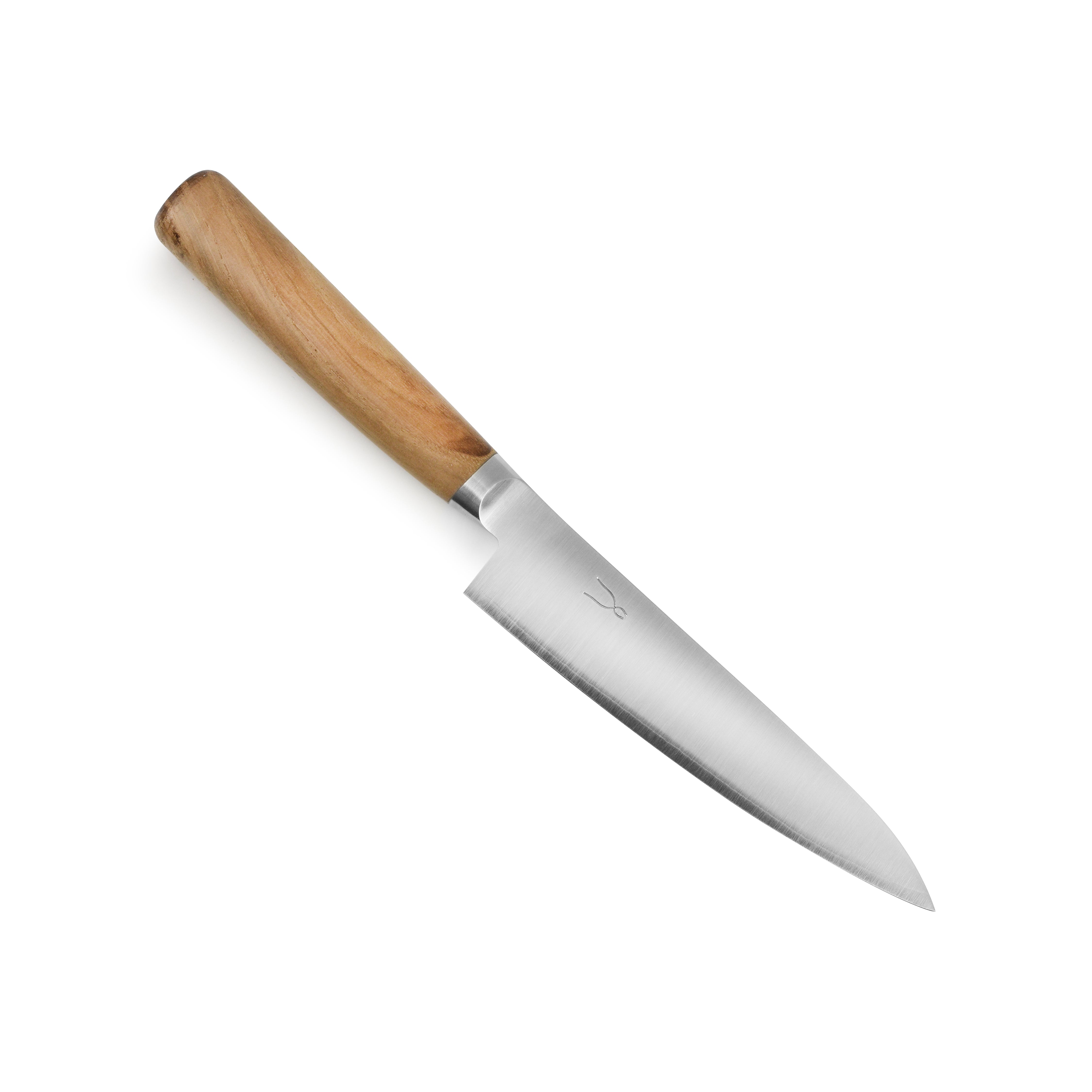 Close-up of the Tadafusa Hocho Kobo petty knife blade, highlighting its high-carbon stainless steel finish.