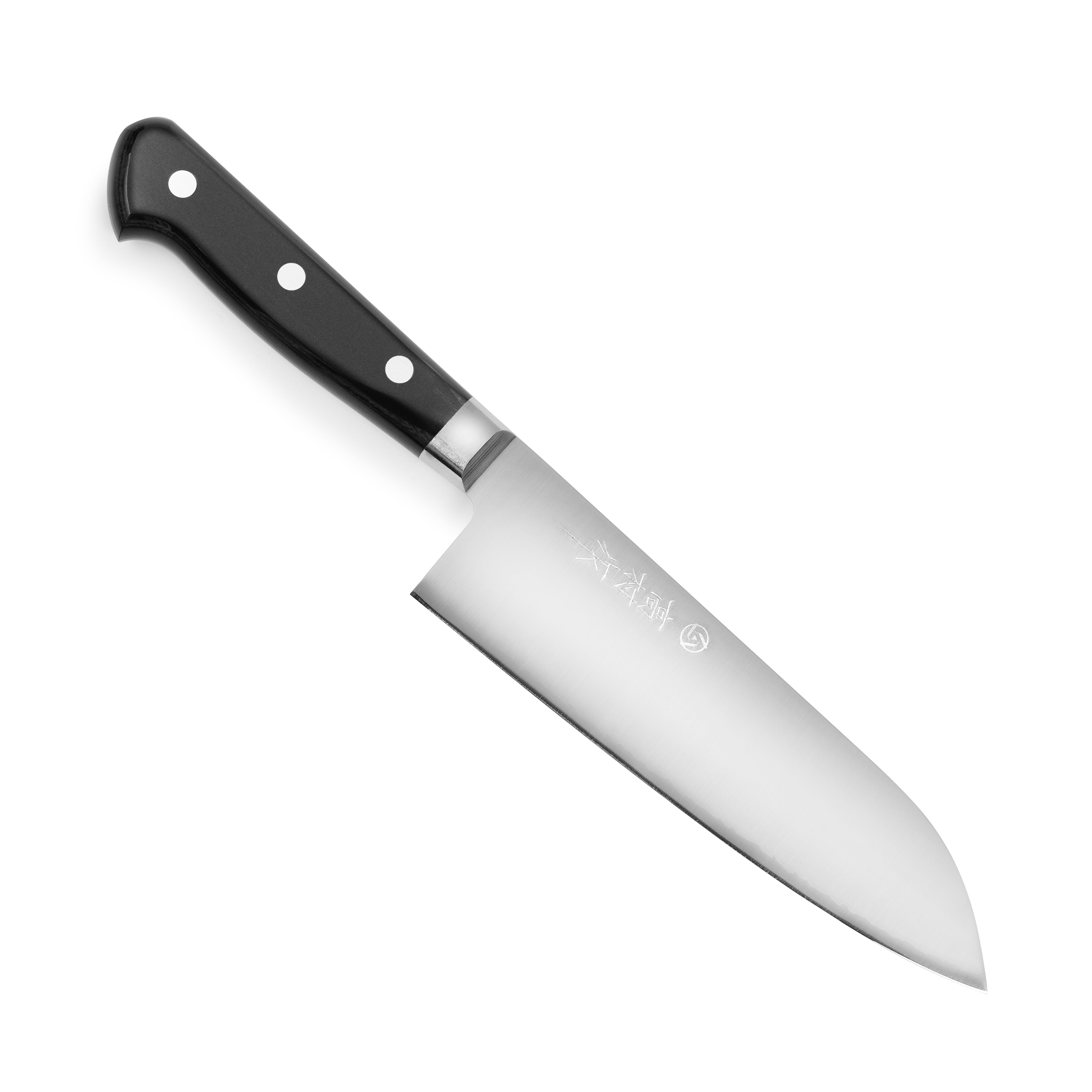 Takamura VG10 Santoku knife displayed on a wooden cutting board, highlighting its elegant design.
