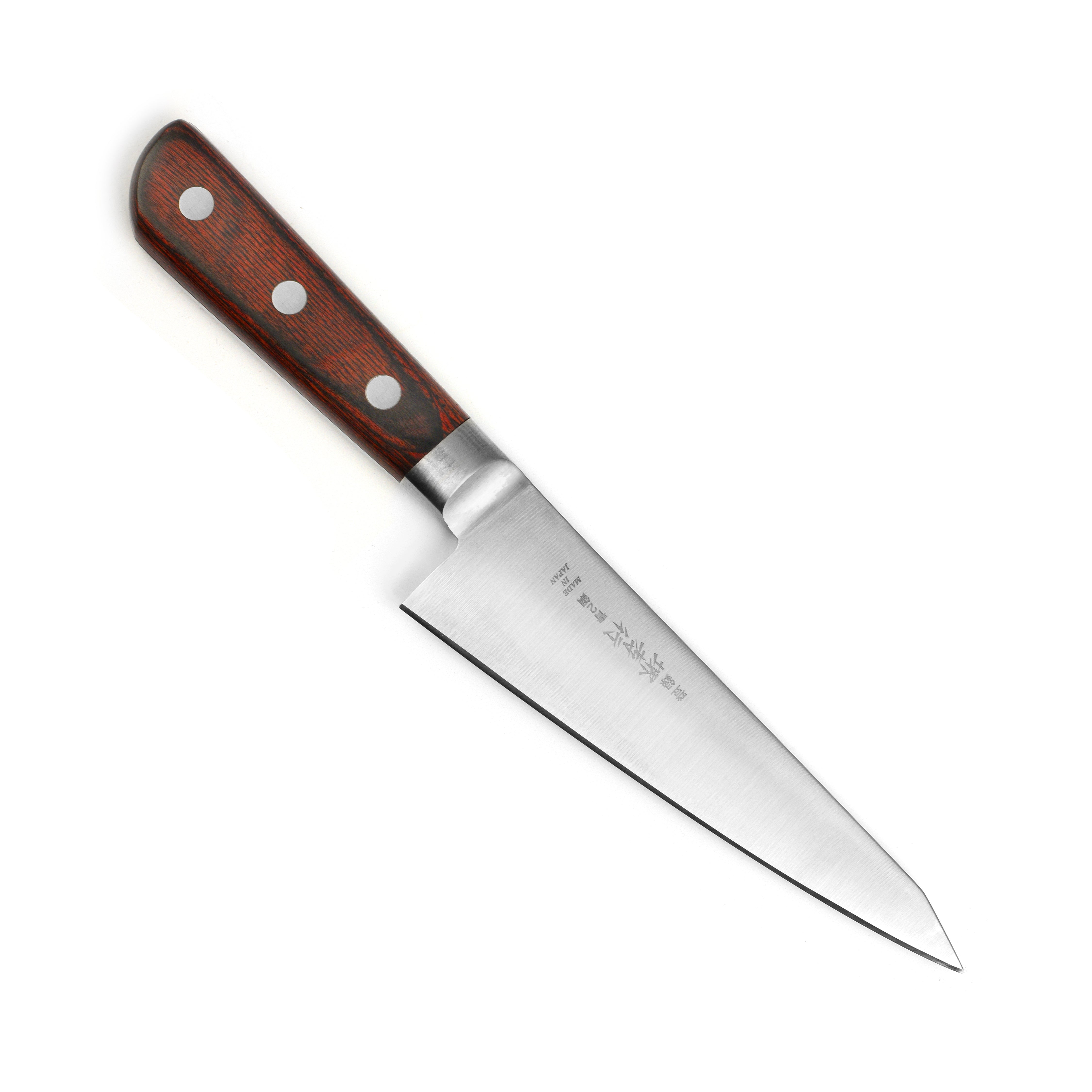 Takayuki Aogami Honesuki knife showing the carbon steel blade and ergonomic handle.