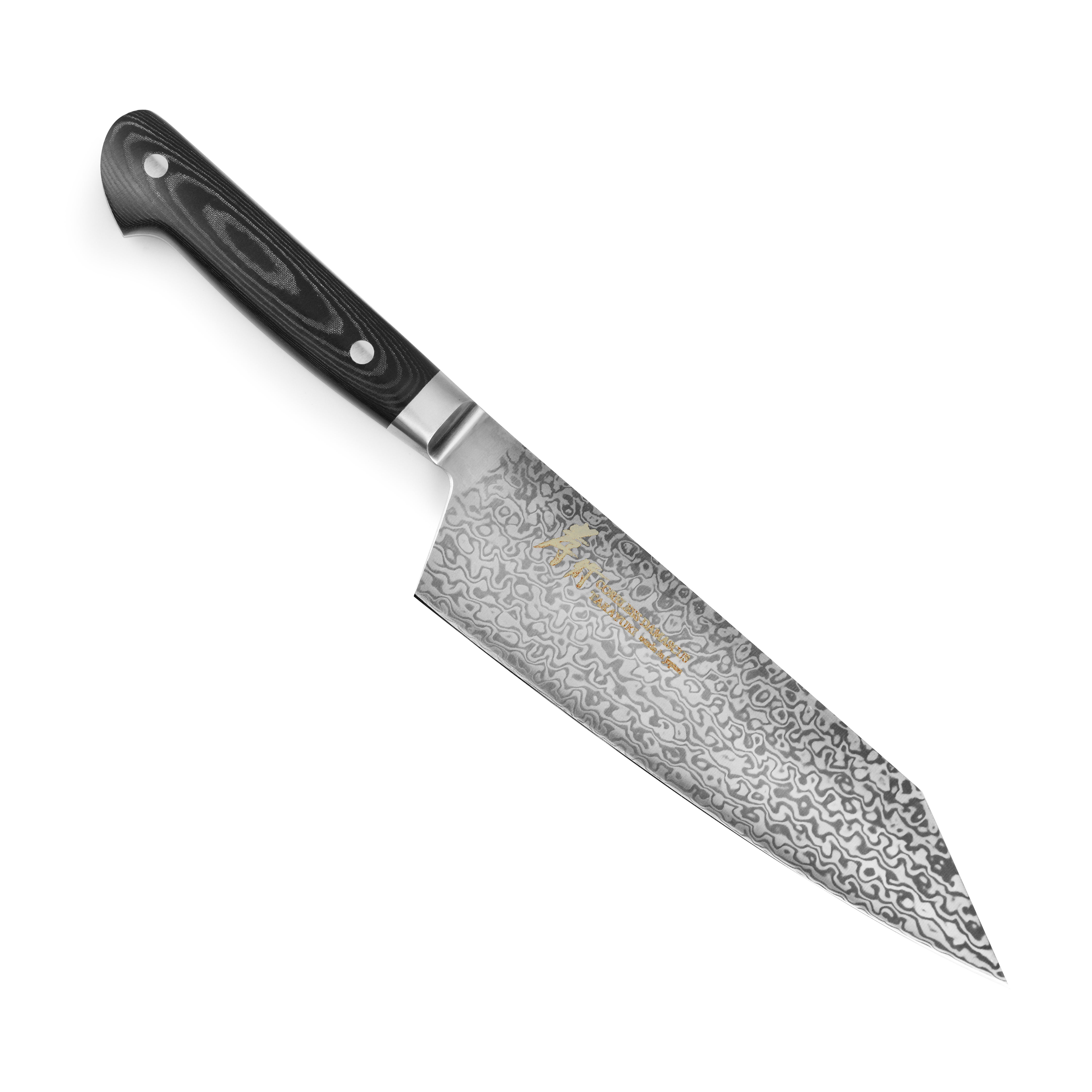 Close-up of Takayuki Damascus knife showing layered steel patterns and razor-sharp edge
