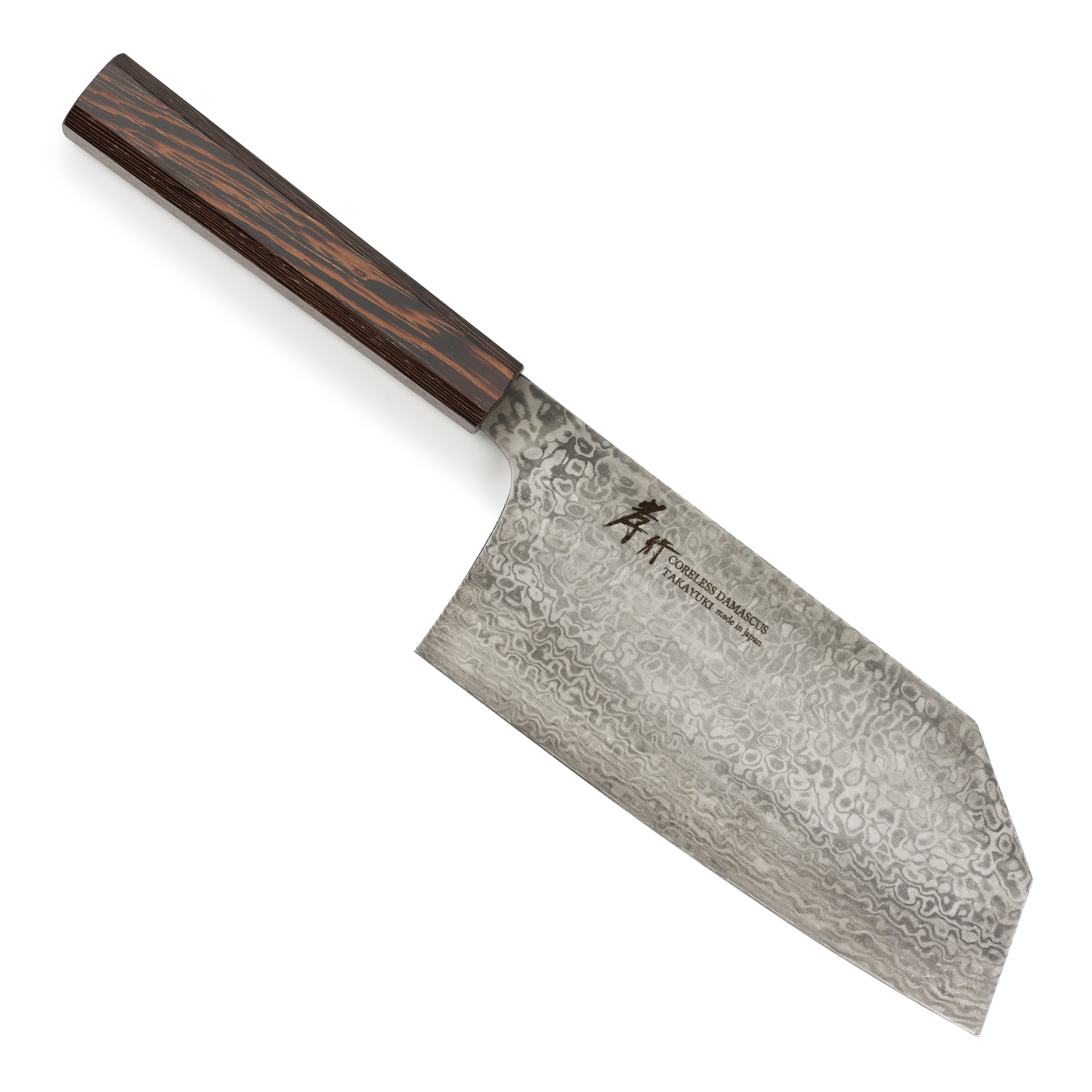 Takayuki Premium Damascus chef knife showcasing its beautiful blade design from the side