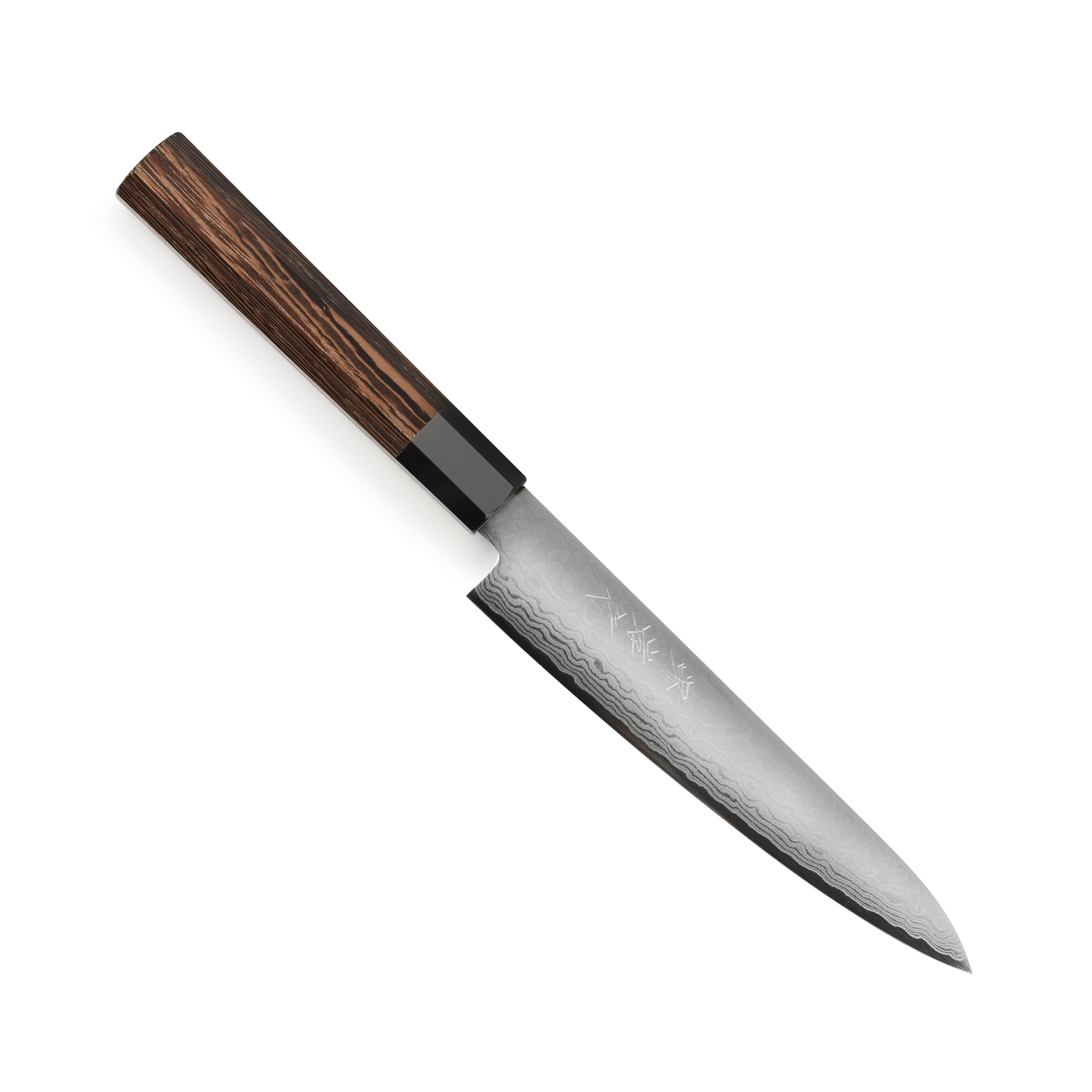 Close-up view of Takayuki Ginga ZA-18 petty knife showcasing its 69-layer Damascus blade and elegant handle.