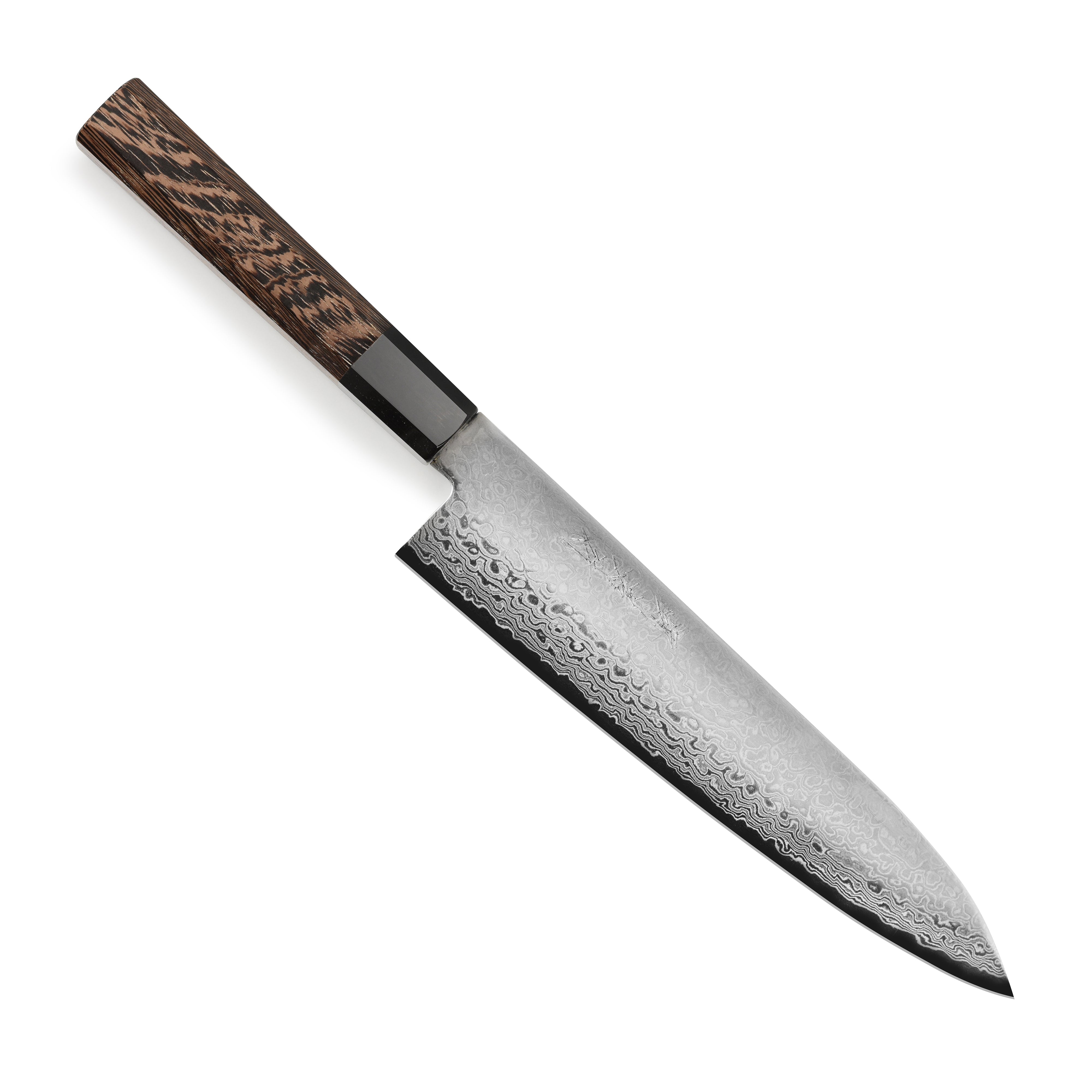 Ginga Damascus Chef Knife showcasing its beautiful mirror finish and sharp edge.