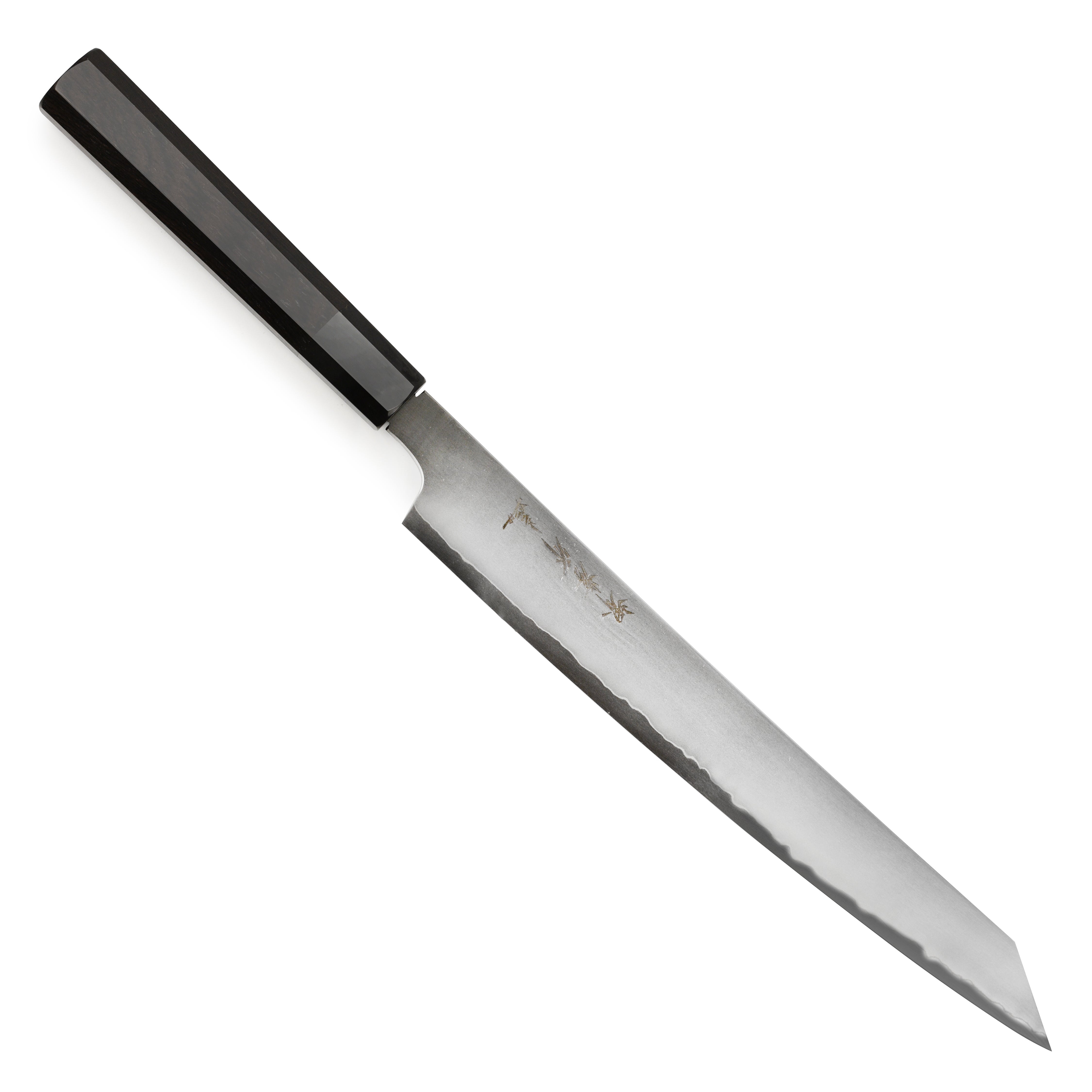 Takayuki Ginsan hand-forged Yanagiba slicing fish for sushi