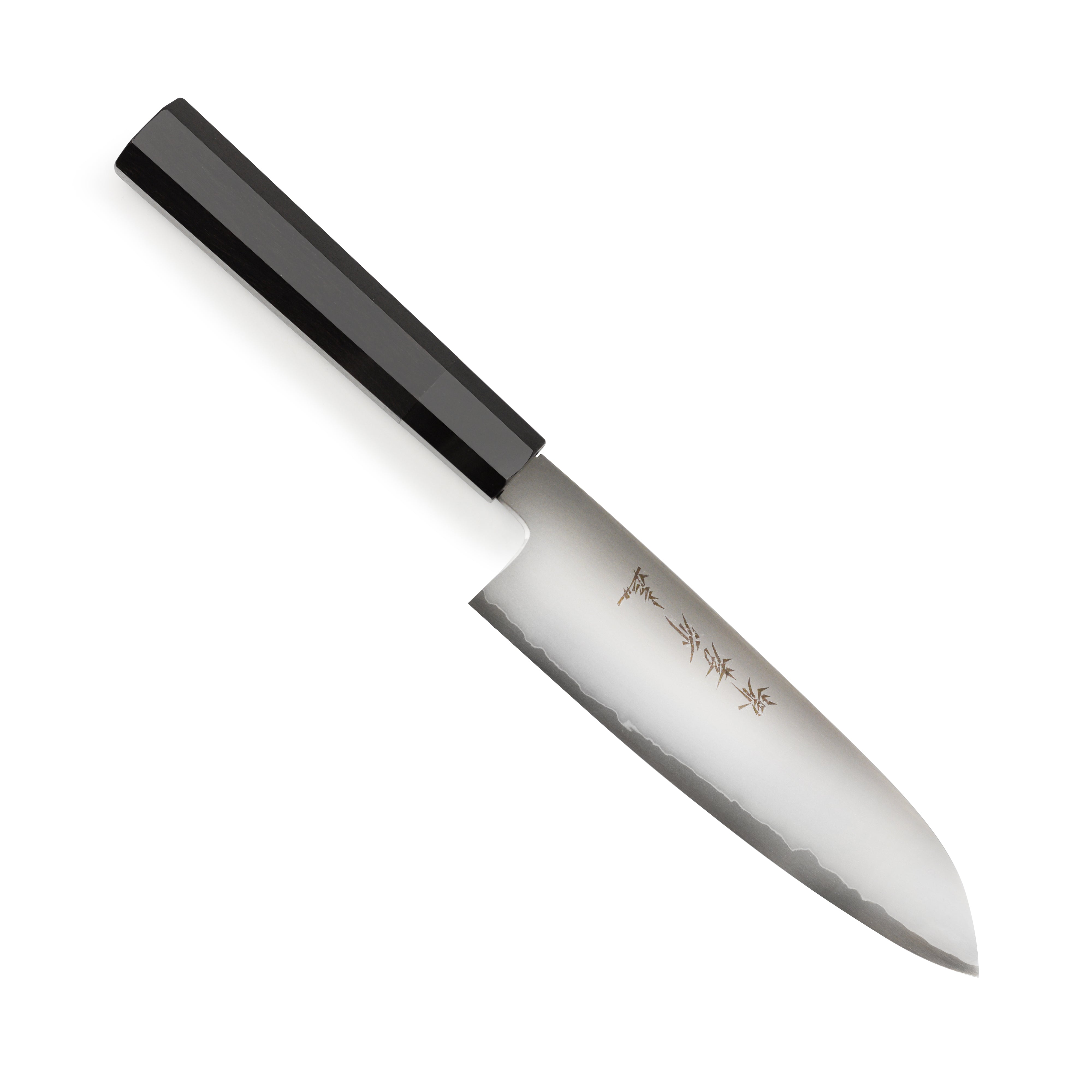 Close-up of the Sakai Ginsan hand-forged 7-inch Santoku knife highlighting the blades edge and craftsmanship.