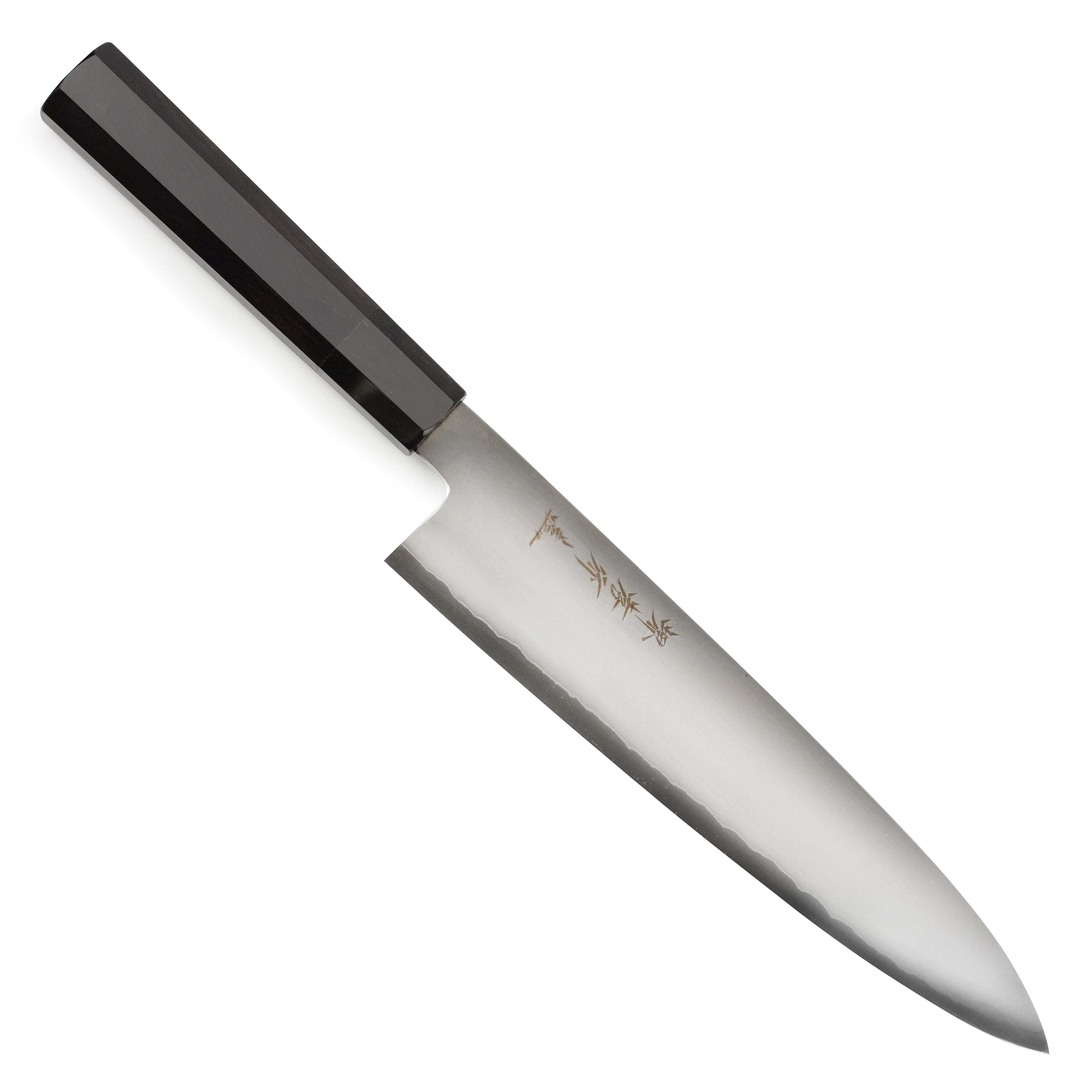 Takayuki Ginsan gyuto knife with detailed view of the blade and handle