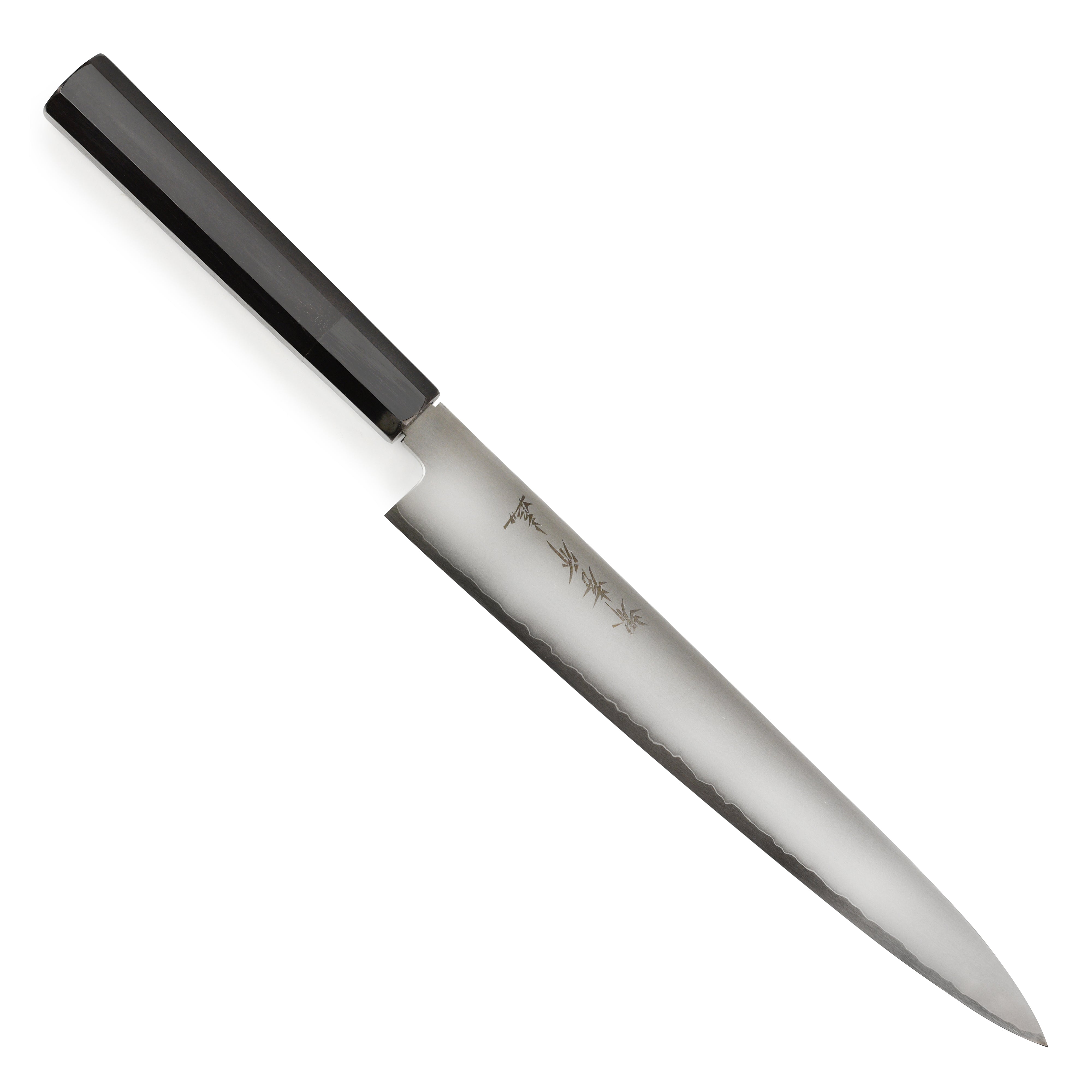 Side-angle view of the Takayuki Ginsan Sujihiki showcasing its 240mm stainless steel blade and ebony handle.