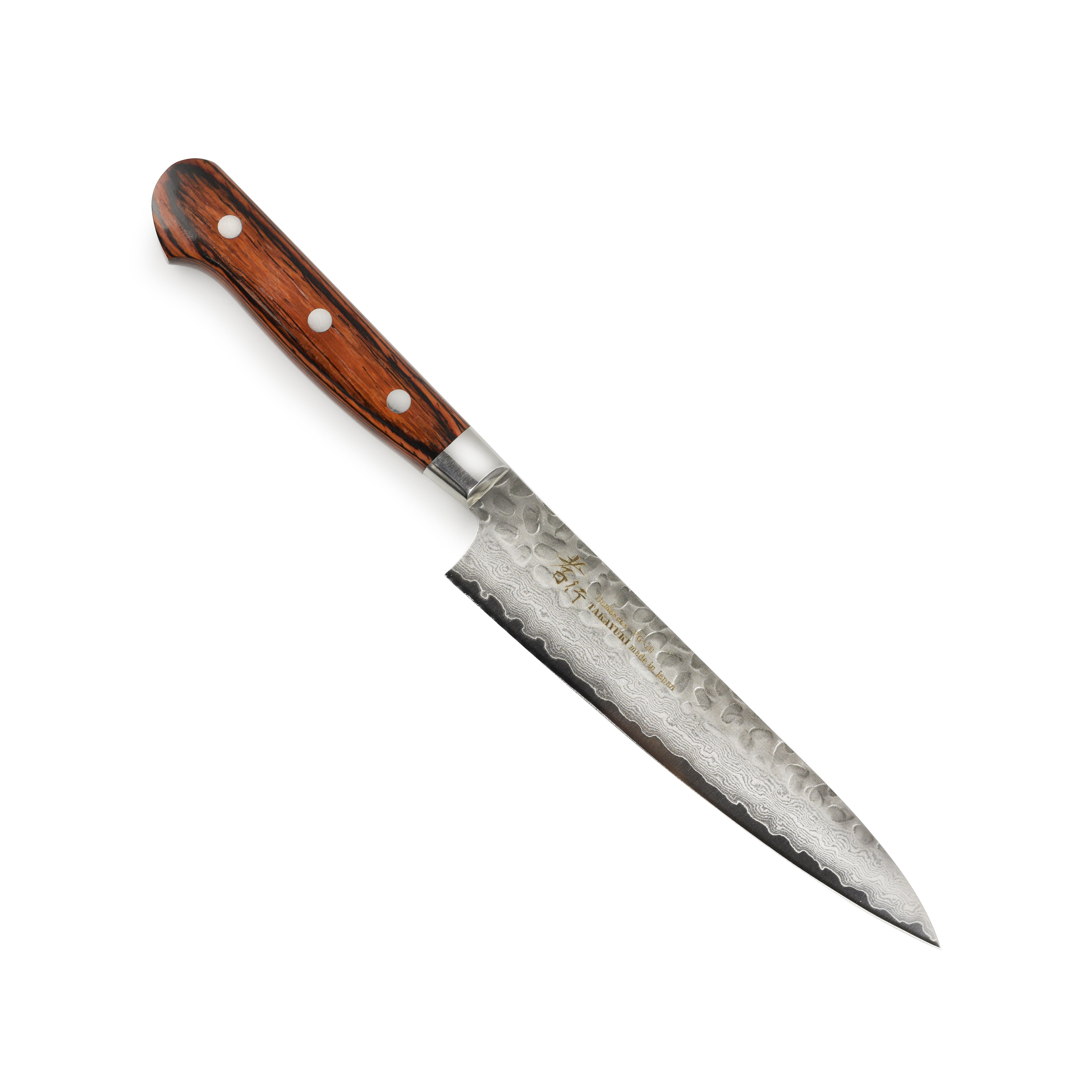 Close-up of the Sakai Mastercraft Damascus petty knife blade highlighting its craftsmanship and 33-layer design.