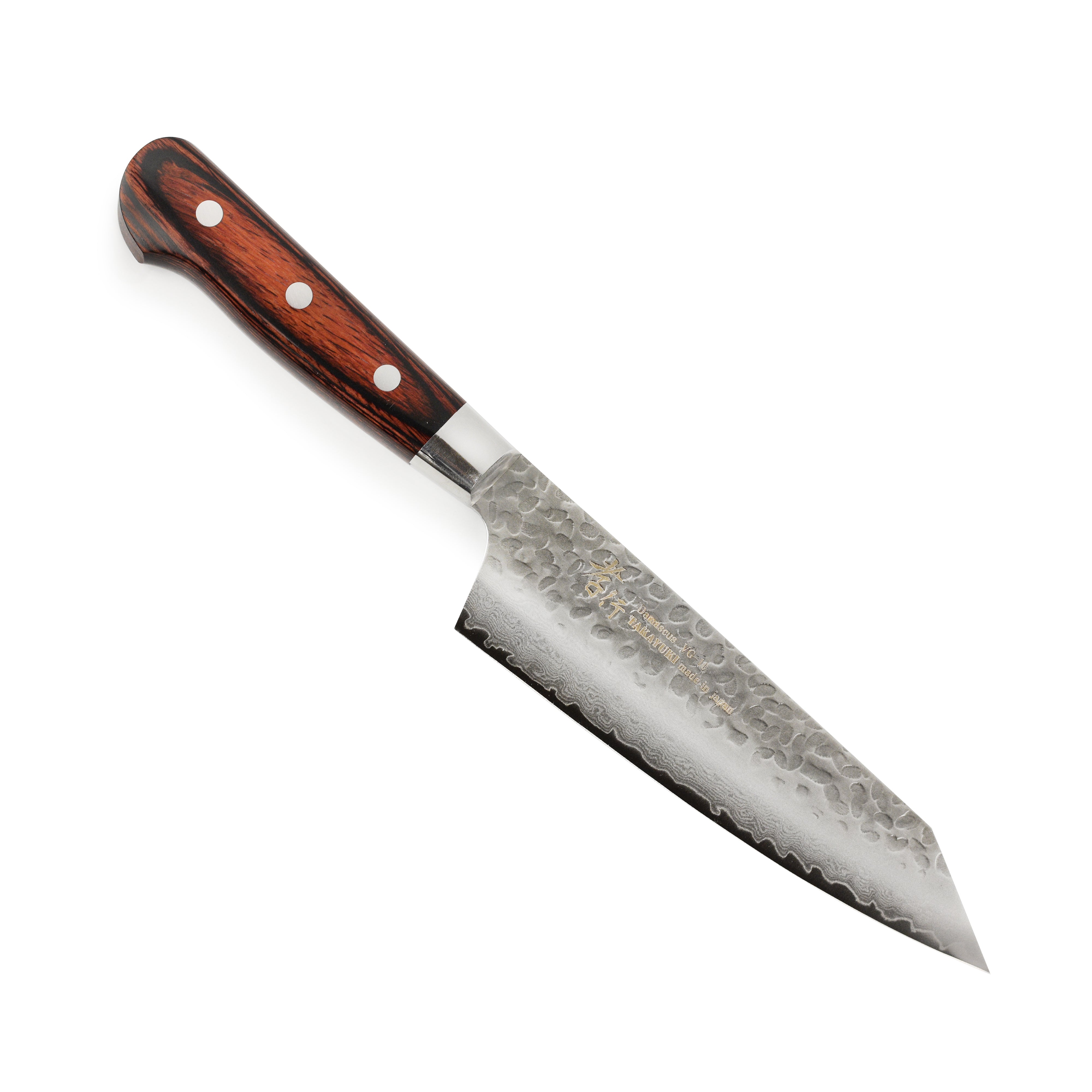 Takayuki Hammered Damascus Bunka Knife from the side, showcasing the blades unique pattern.