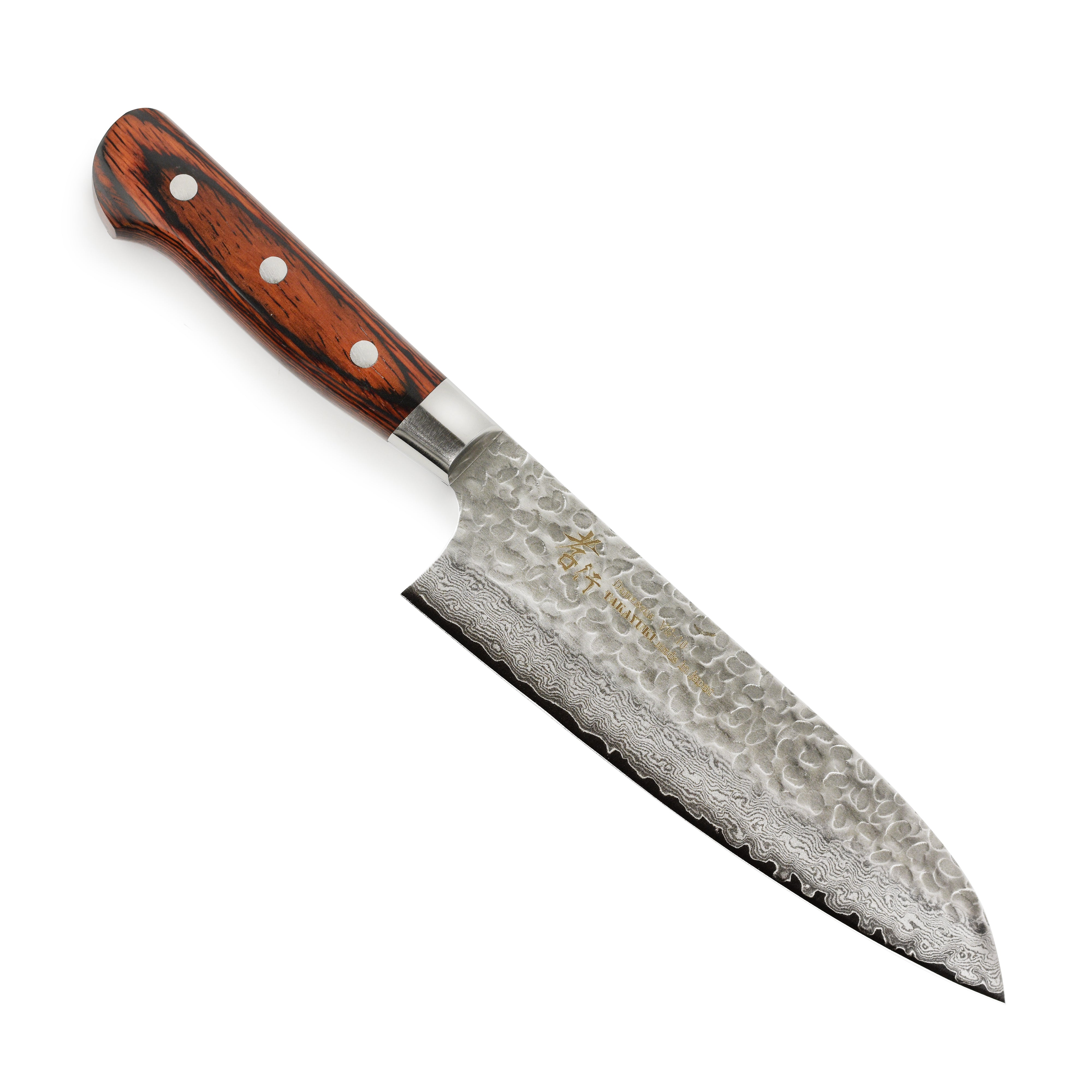 Takayuki hammered damascus santoku knife with detailed blade pattern and full tang handle