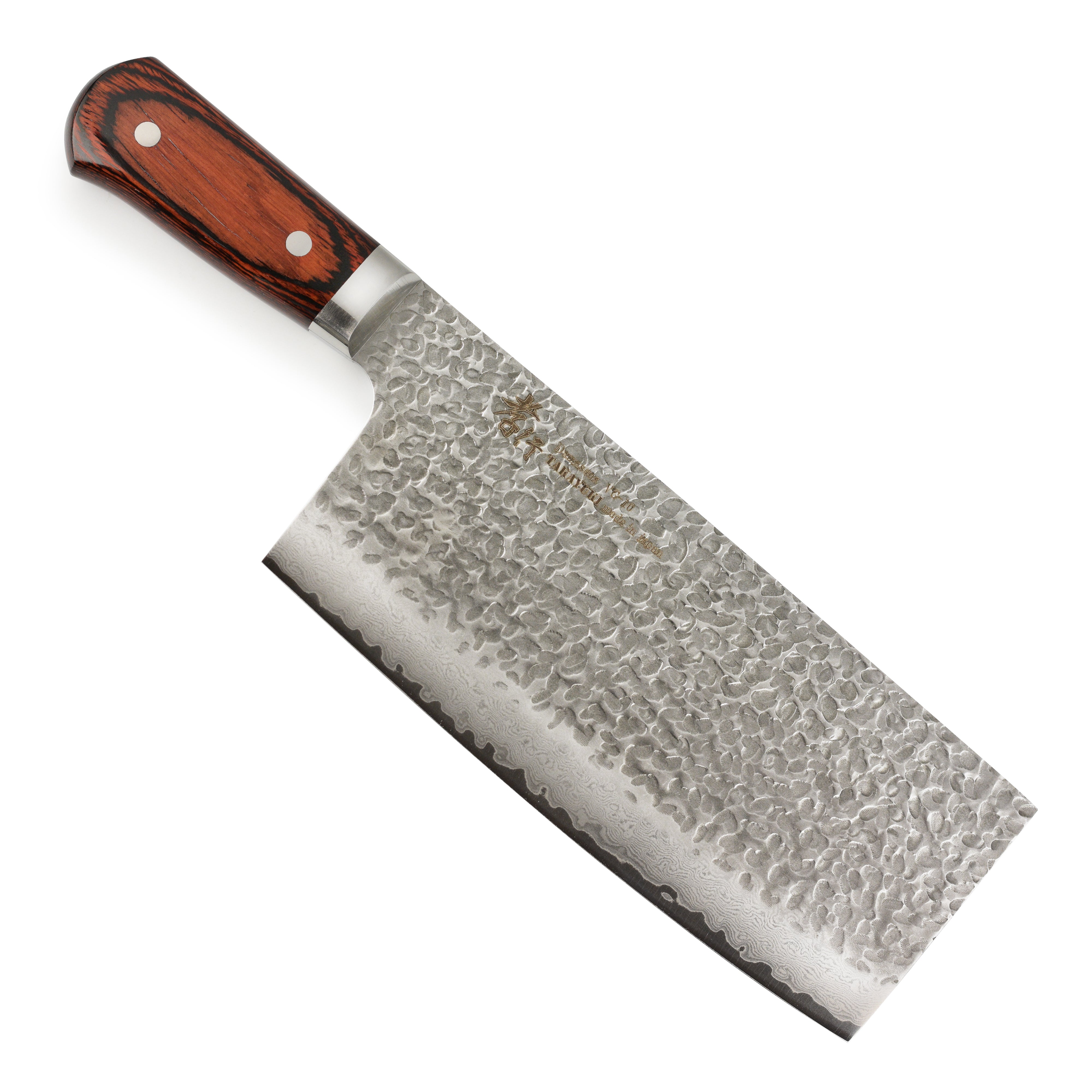 Sakai Hammered Damascus Chefs Knife showcasing the stunning blade design from the side.