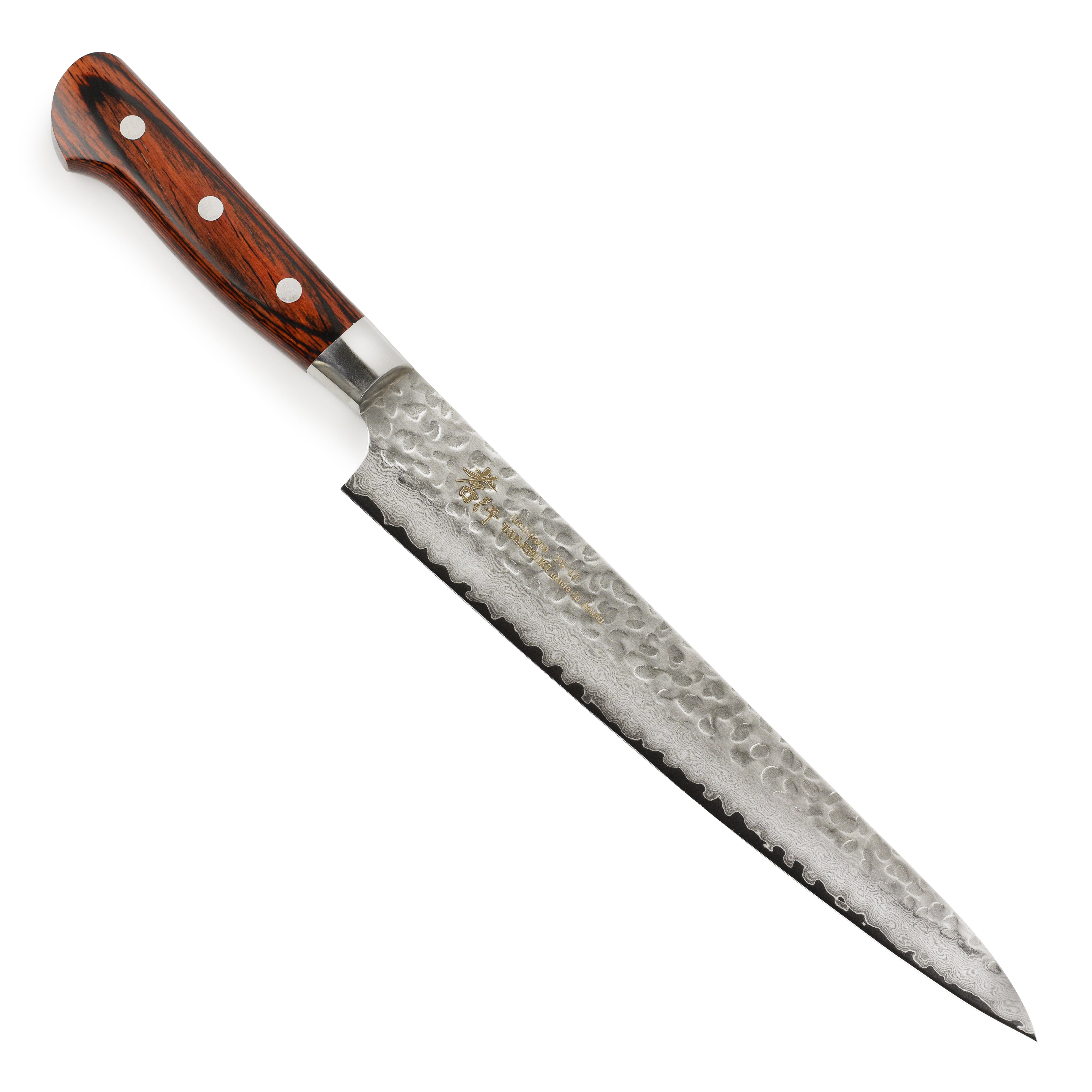 Takayuki Hammered Damascus Sujihiki Knife showcasing the beautifully crafted blade and handle.