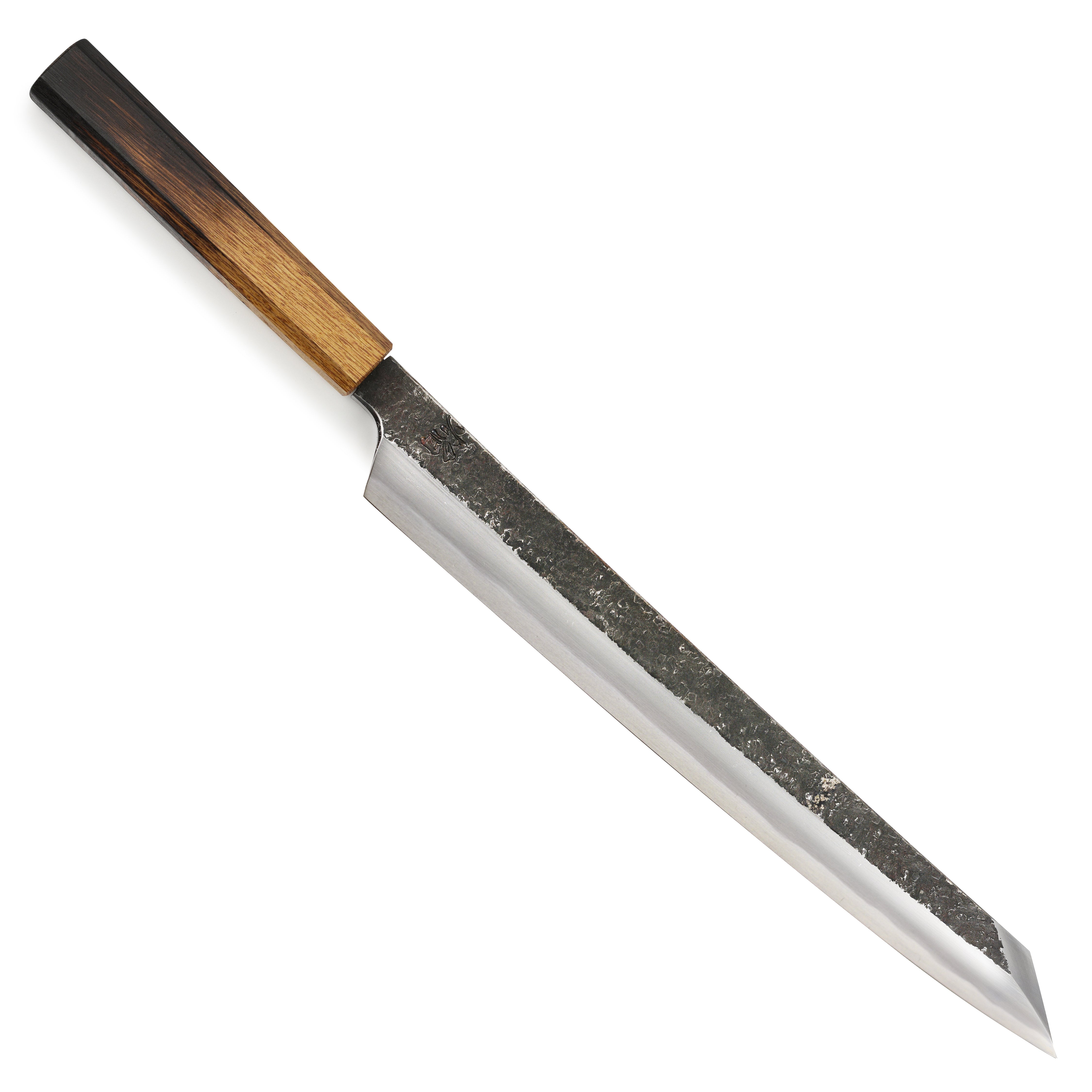 Takayuki Homura Guren Aogami #2 Yanagiba Knife from above, showcasing its sharp blade and elegant design.