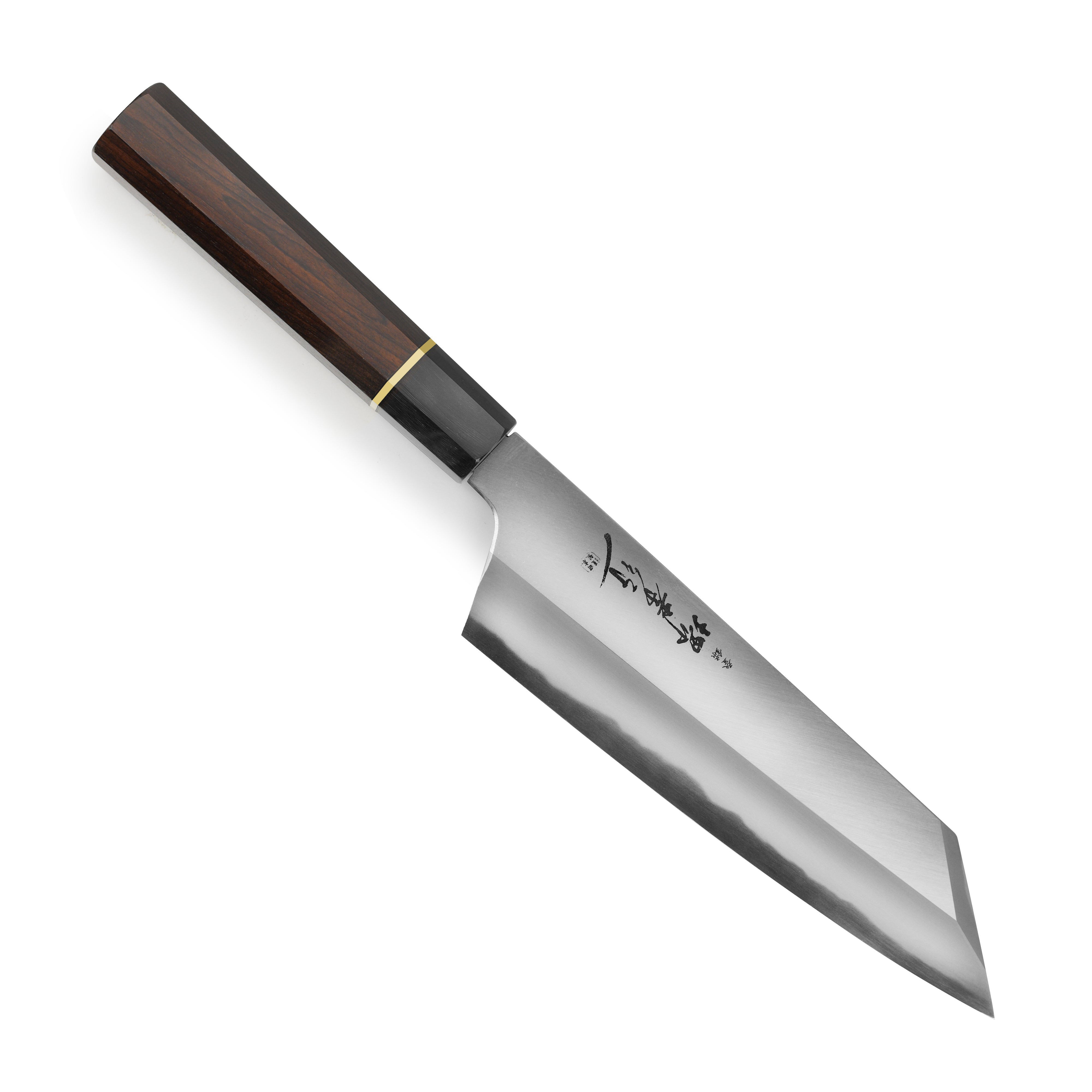 Close-up of Takayuki Homura Kengata Gyuto knife showcasing the sharp blade and elegant handle.