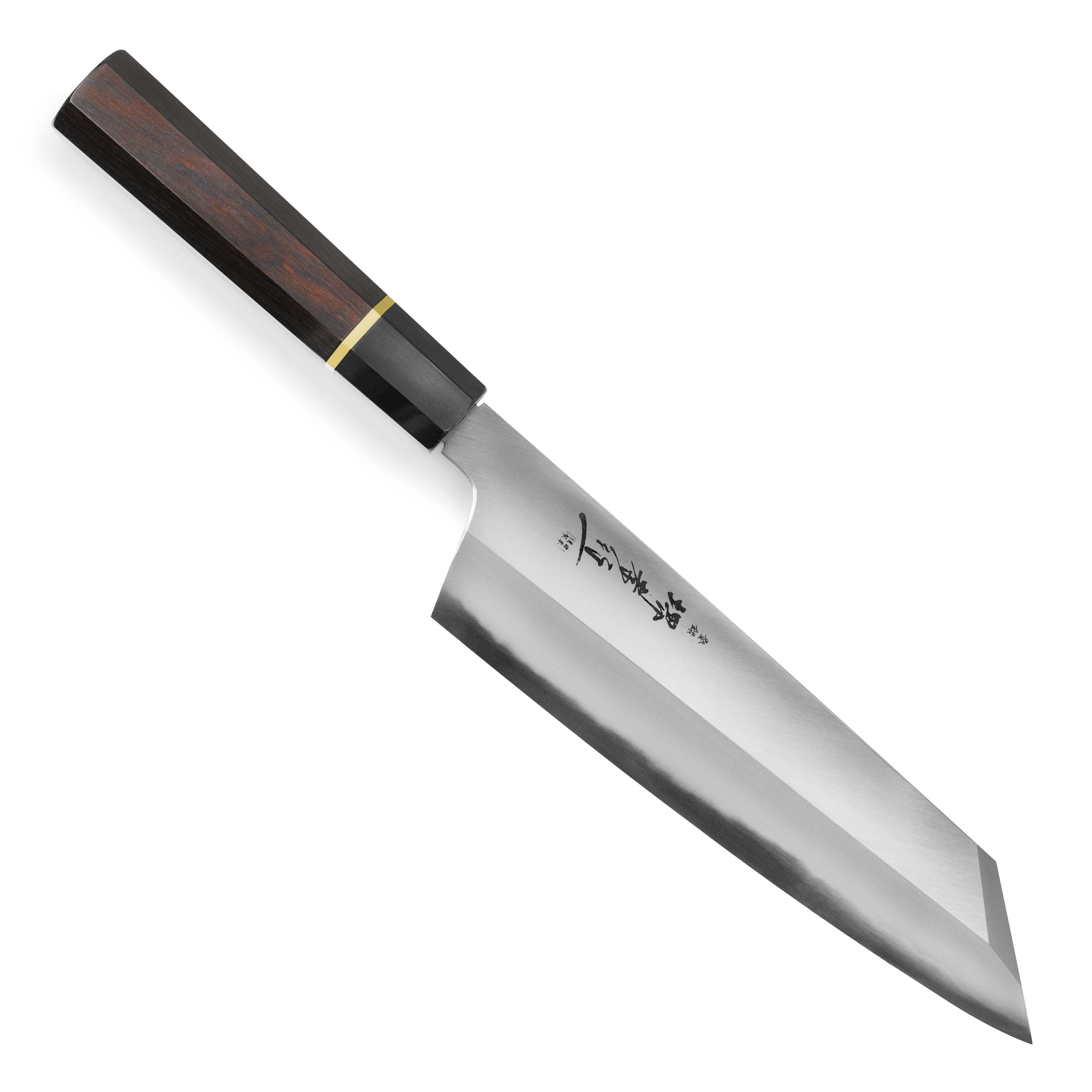 Side view of the Sakai Master Aogami #2 Gyuto Chef Knife showcasing its sharp blade and elegant handle.
