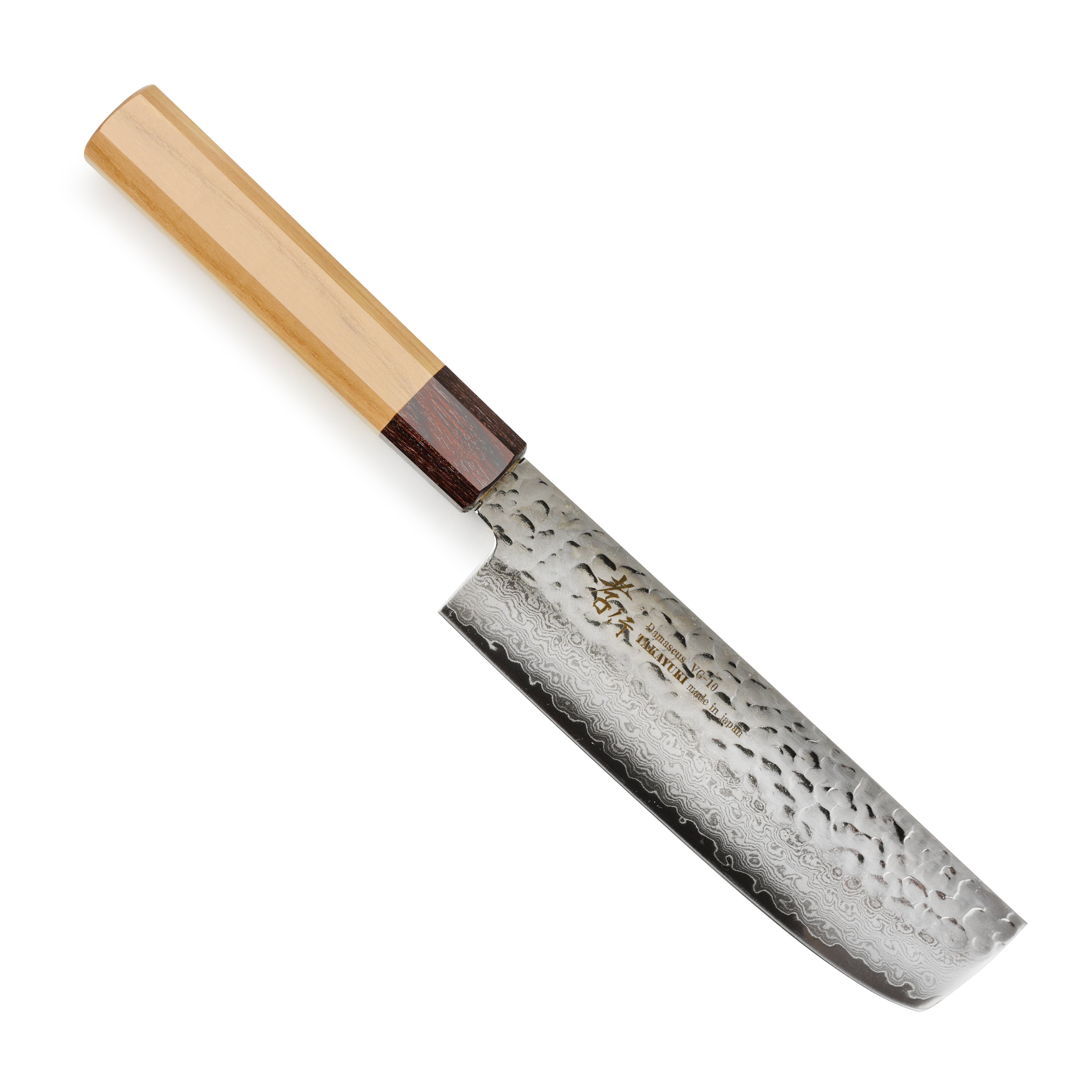 Takayuki Damascus nakiri knife showcasing the beautiful blade and wooden handle from multiple angles