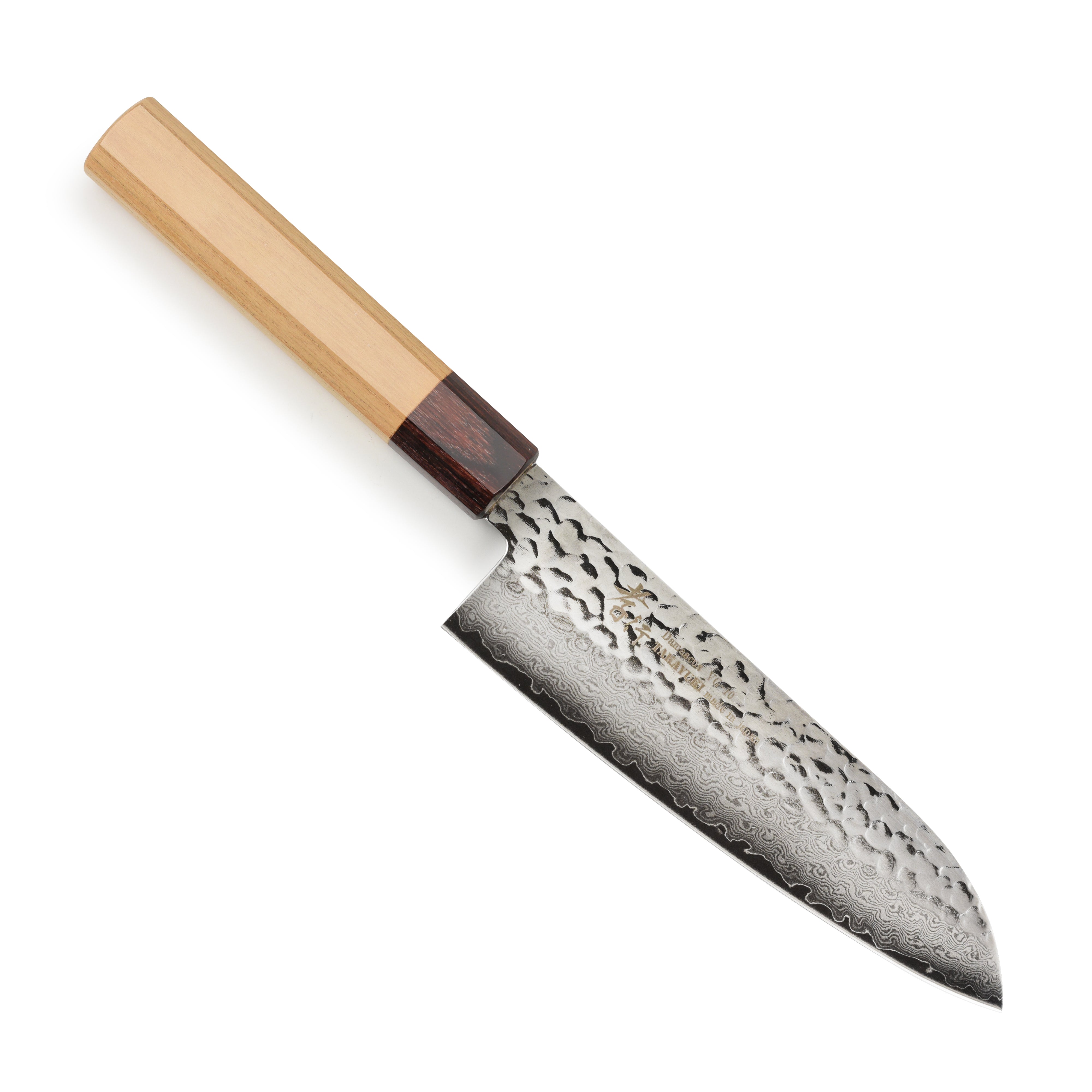 Premium Takayuki Tsuchime Damascus Santoku Knife from above showing the blade and handle.