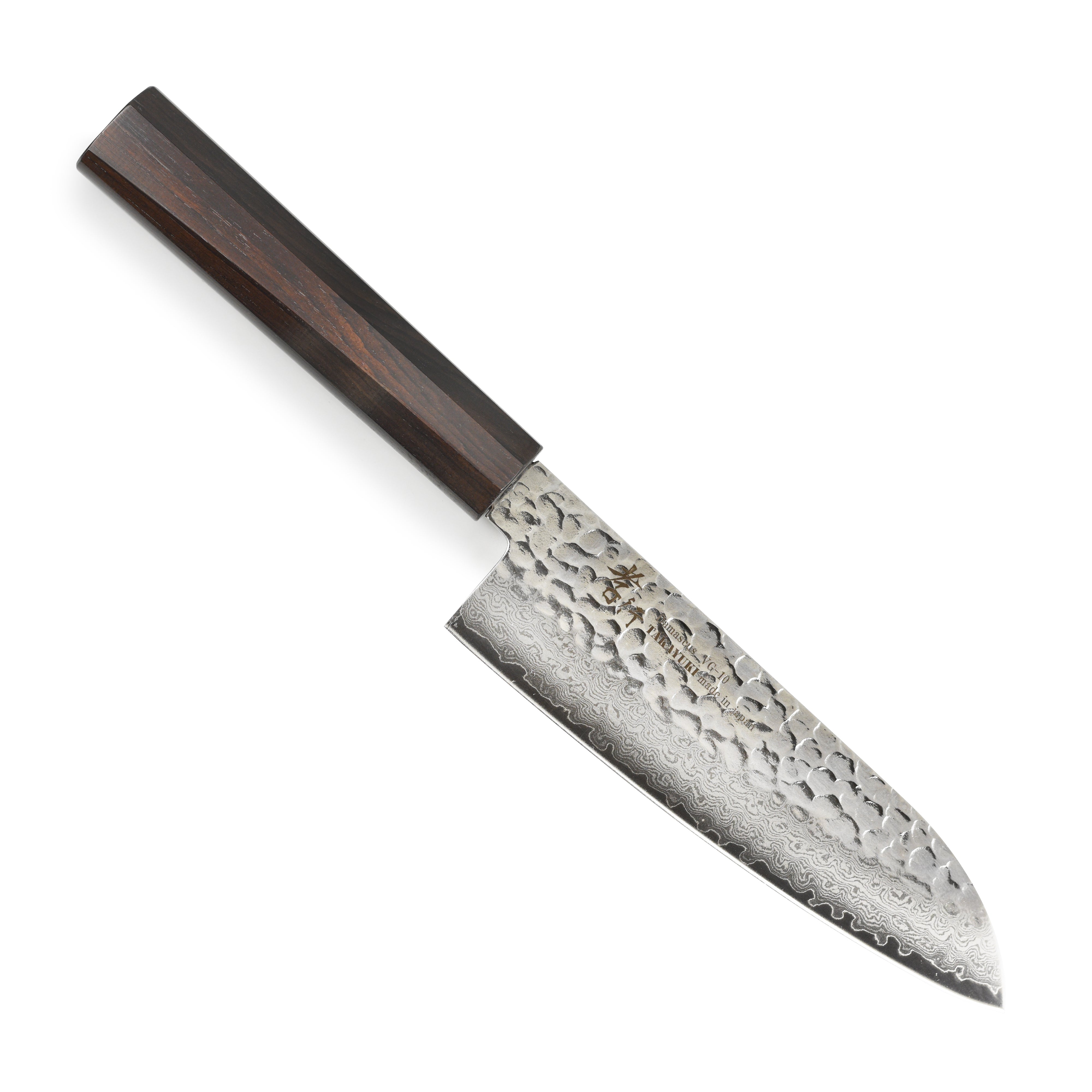 Close-up of the premium Damascus Santoku knife showcasing the intricate blade design.