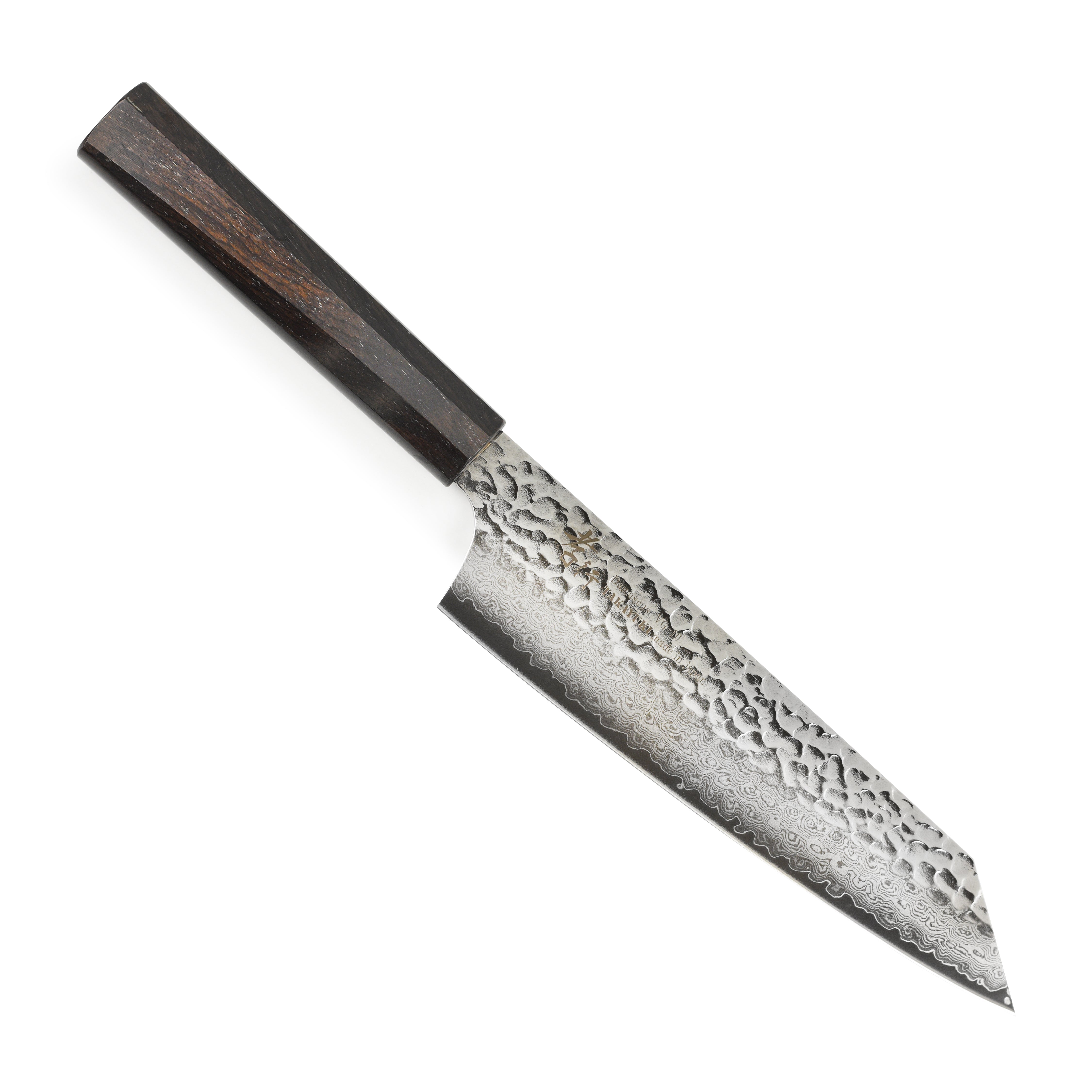 Angle view of Sakai Takayuki 7.5" Kiritsuke Gyuto highlighting its sharp blade and ergonomic ebony handle.