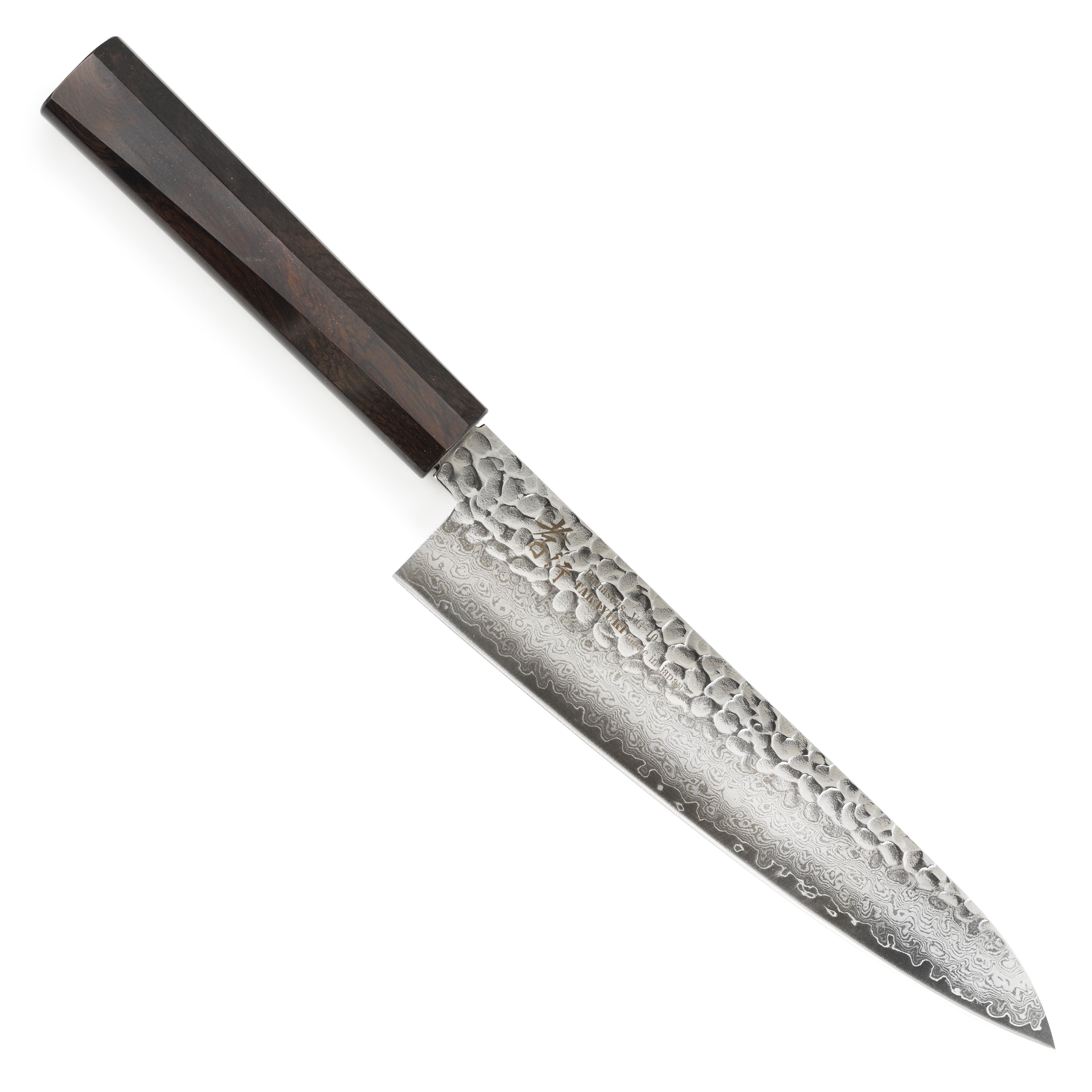 Front view of Takayuki Tsuchime Damascus Gyuto with ebony handle, highlighting craftsmanship and blade design