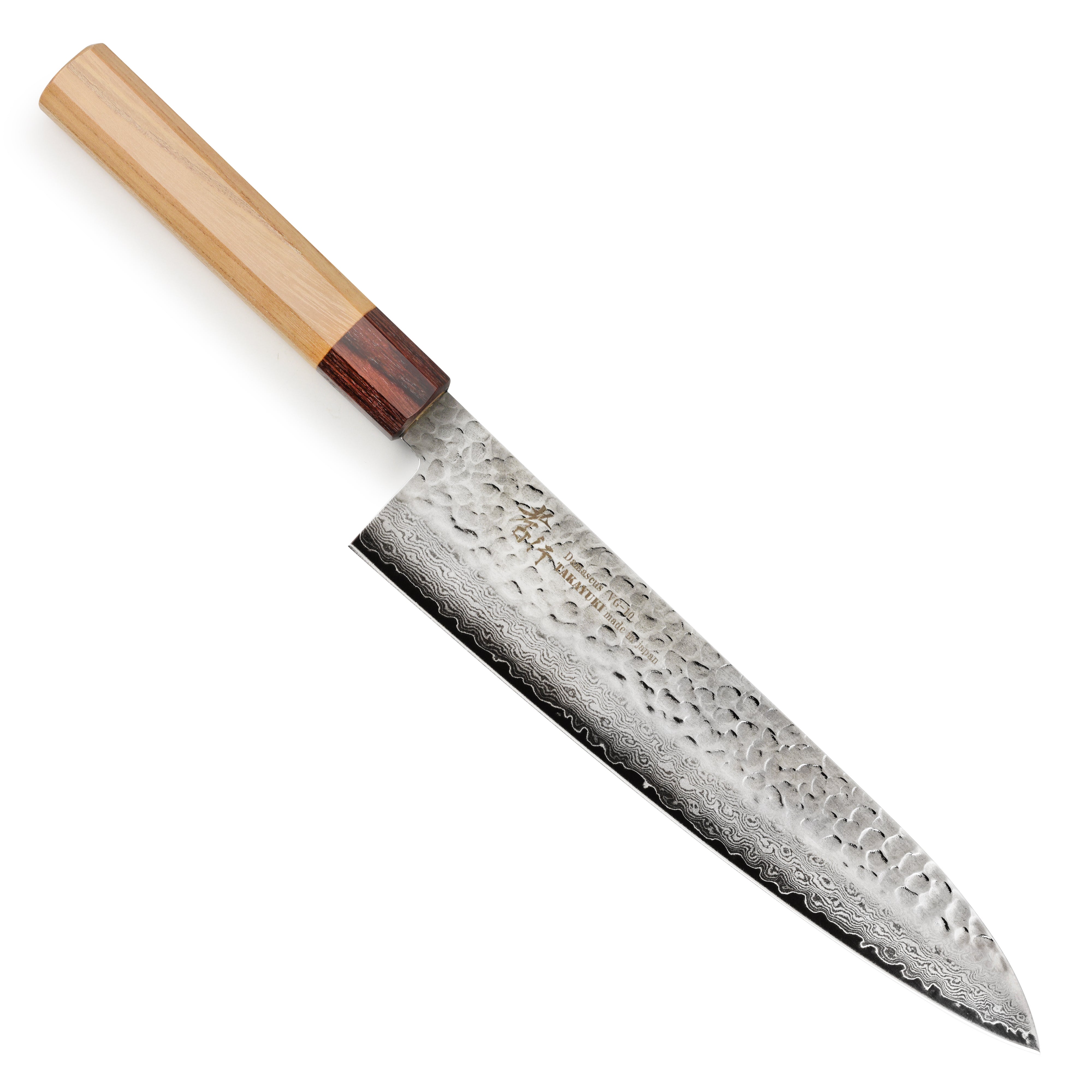 Takayuki Damascus gyuto knife with hammered damascus finish and octagonal handle, ideal for professional chefs