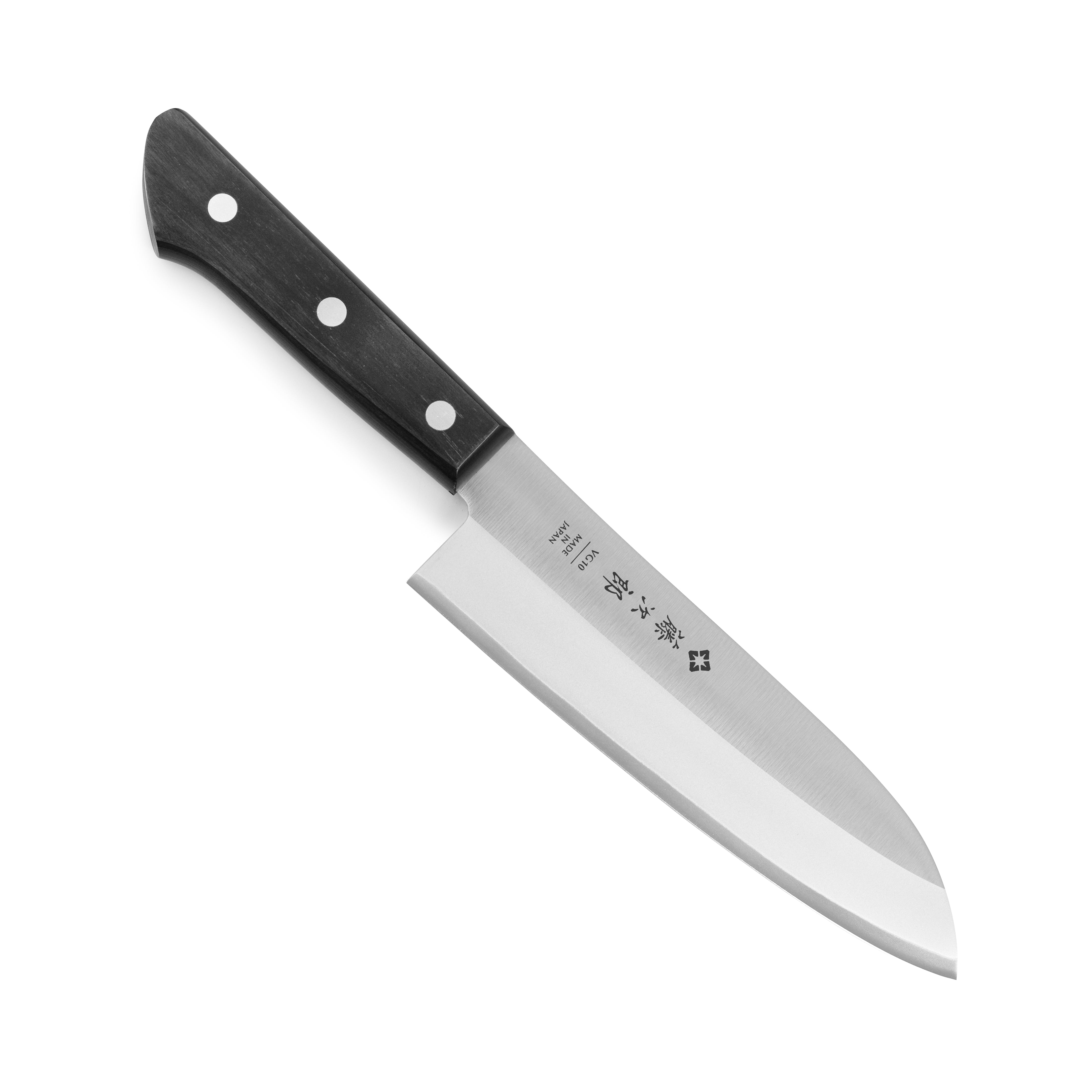 Tojiro VG-10 Santoku knife angled view on a wooden cutting board, highlighting its sharp blade and Pakkawood handle.