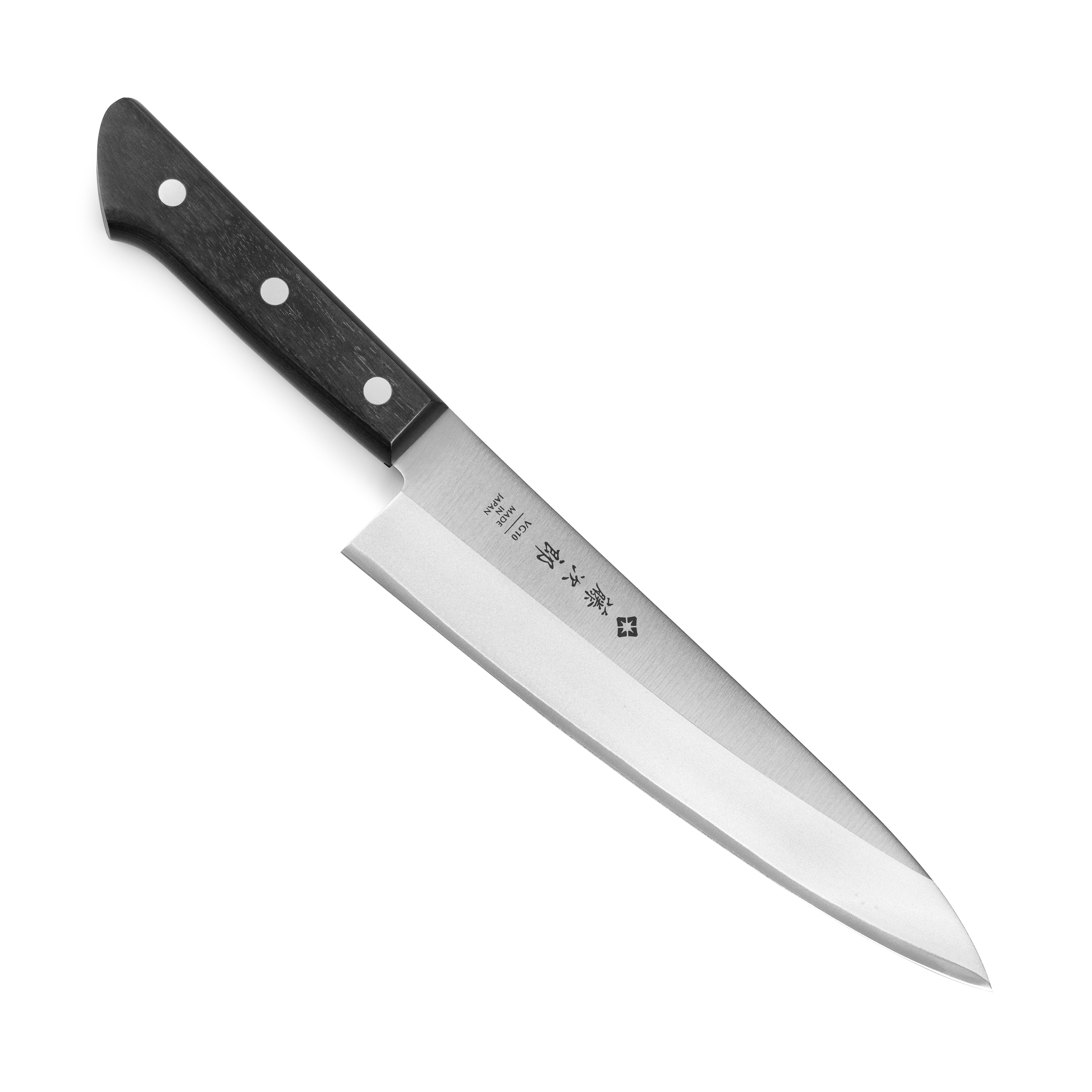 Side profile of the Tojiro VG-10 Elite 8-Inch Chefs Knife showing its double bevel edge and Japanese steel finish