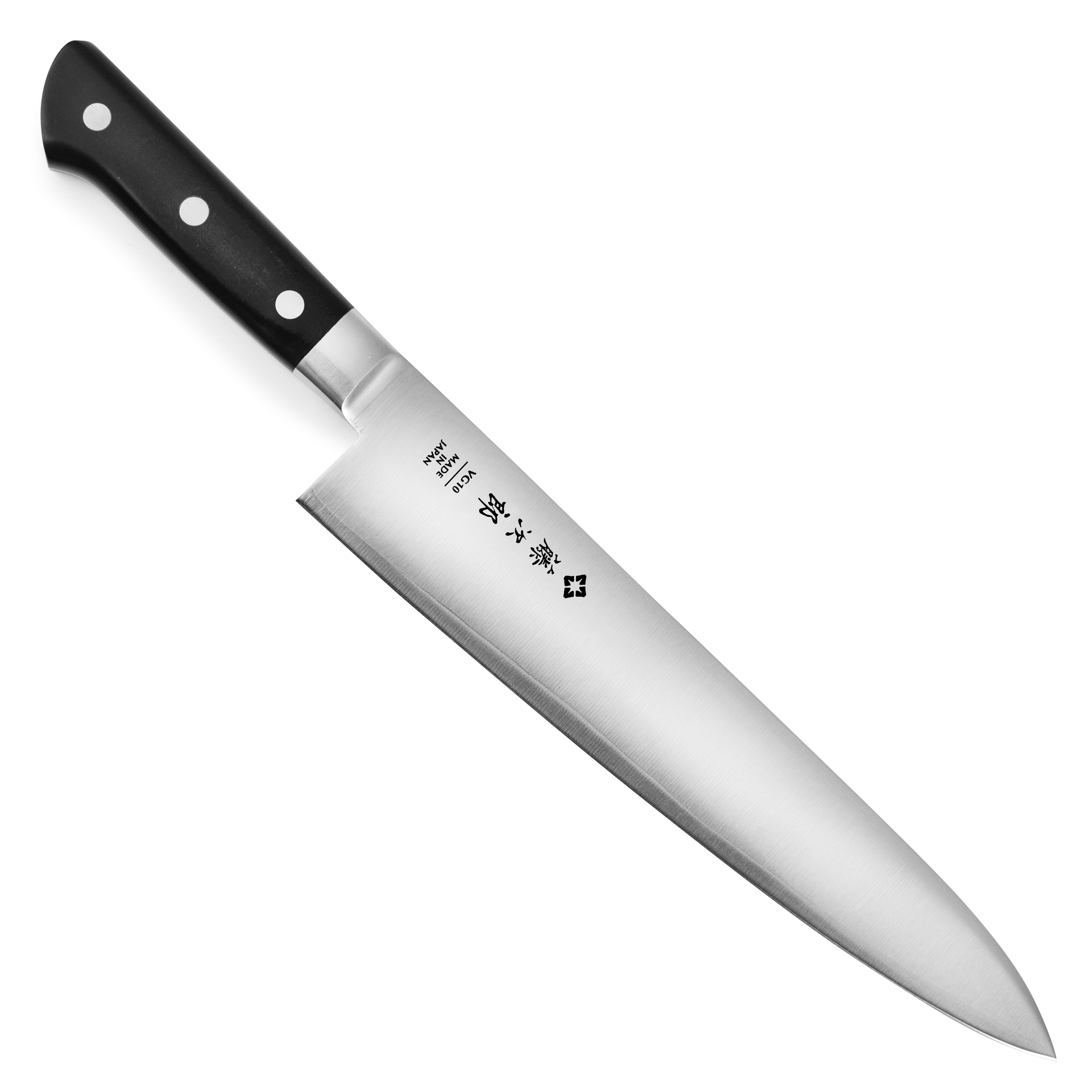 Close-up of the Japanese chefs knife blade showing sharp edge and full tang
