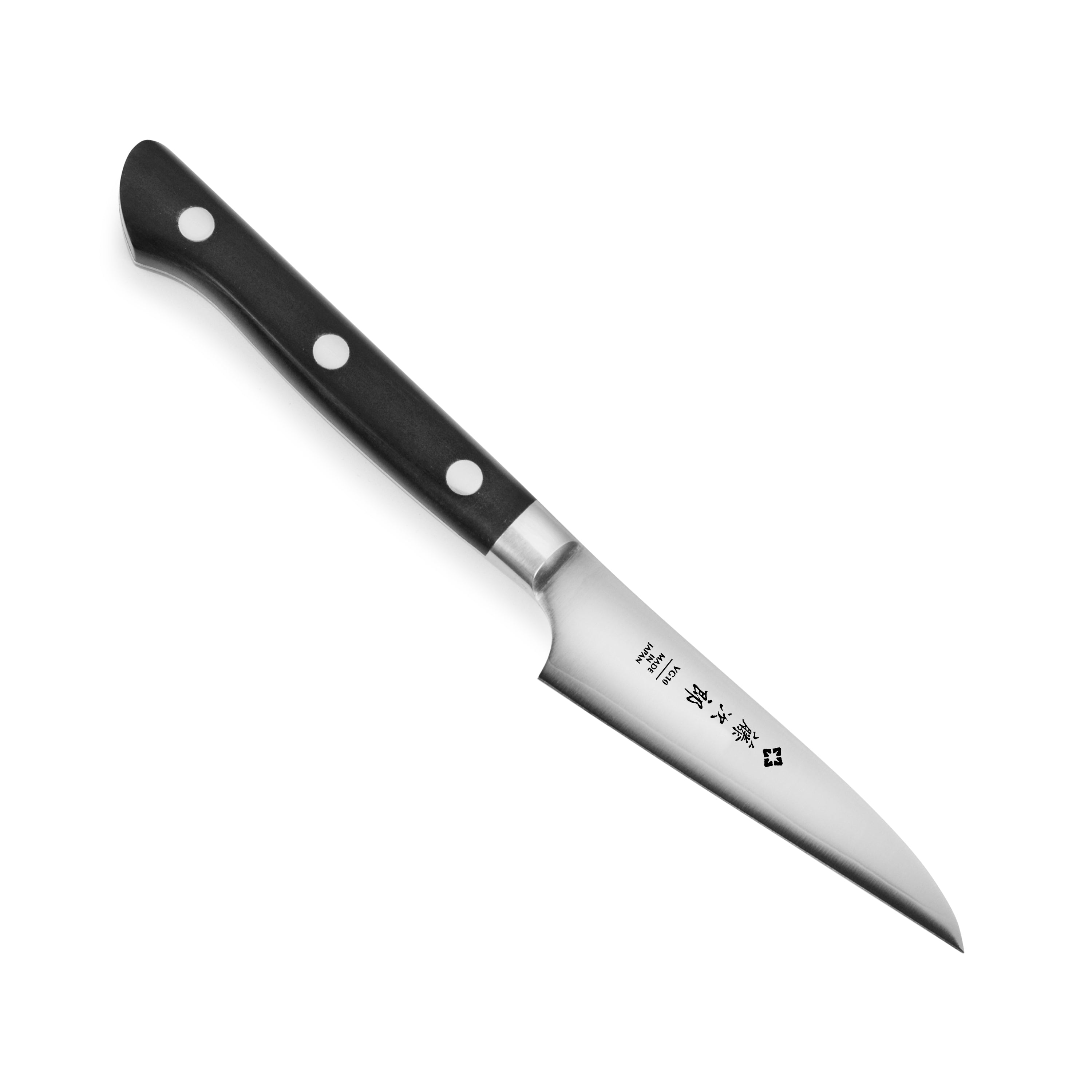 Tojiro VG10 steel paring knife angled view highlighting the blade and handle.