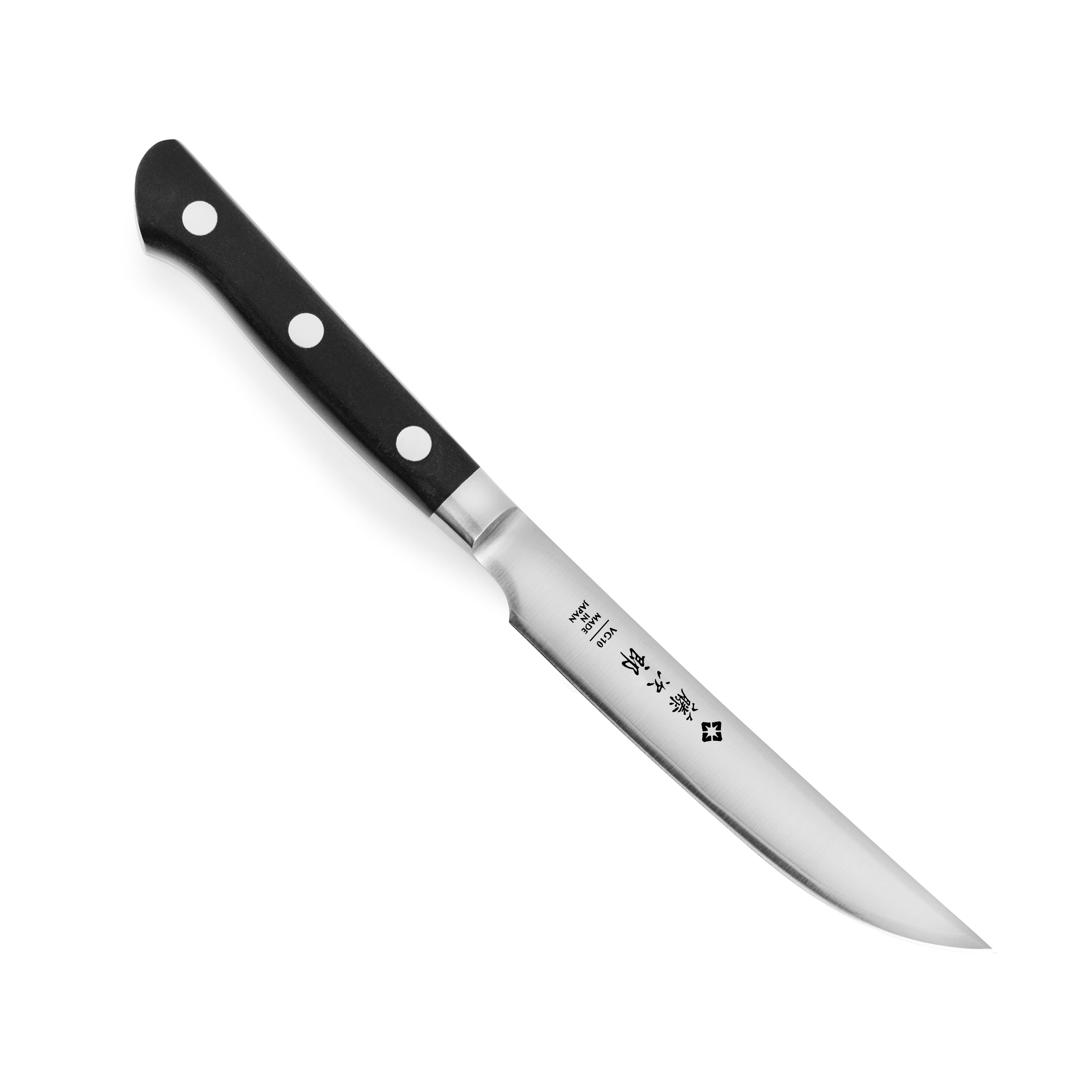 Close-up of the Tojiro Premium Japanese steak knife highlighting the VG-10 super steel core and micarta handle.