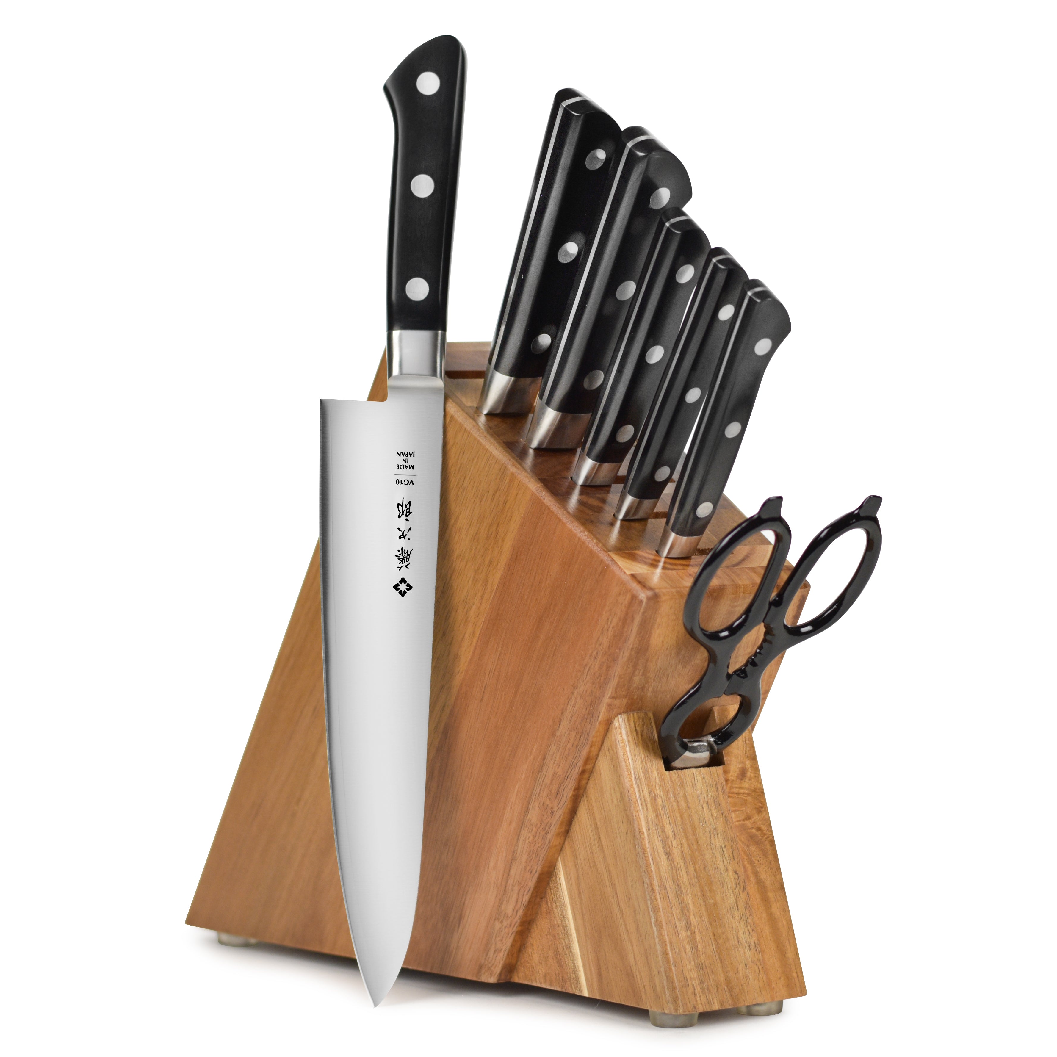 Close-up of the VG-10 blade of the Tojiro kitchen knife, highlighting its sharpness and design.